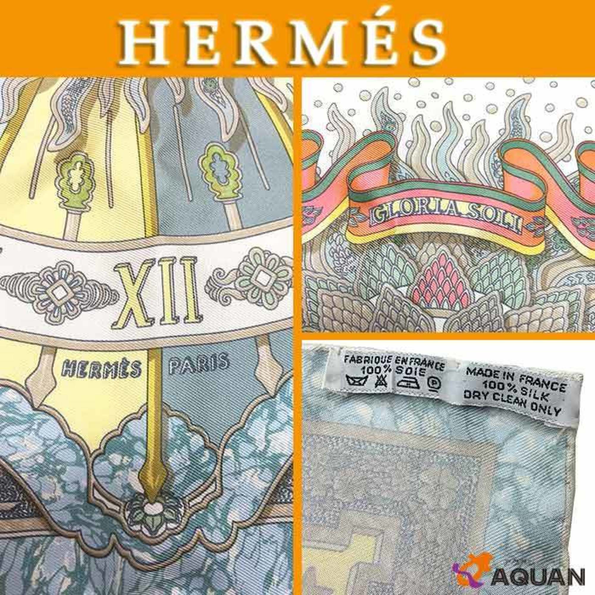 HERMES Hermes Carre 42 45 Scarf Muffler GLORIA SOLI Gloria Solo Enjoy today, seize the day CARPE DIEM White x light blue 100% silk scarf