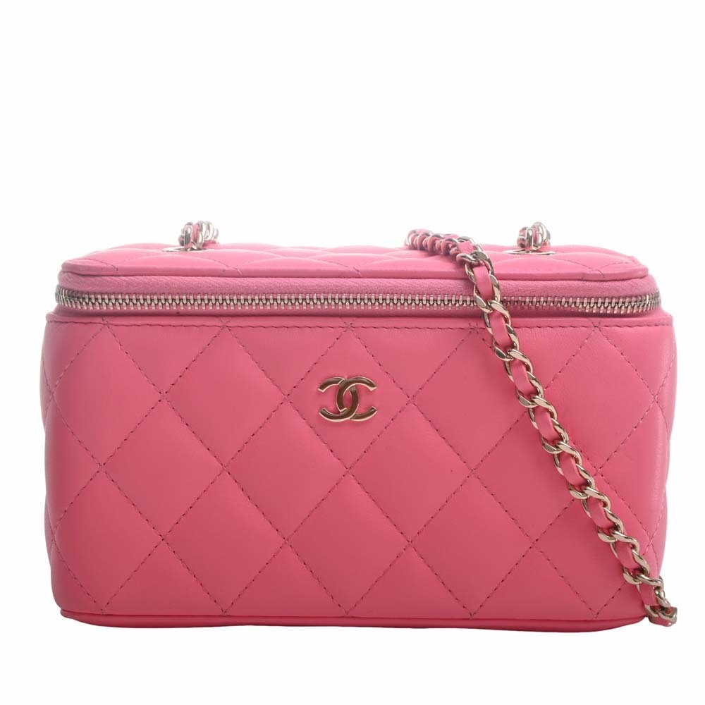 CHANEL Lambskin Matelasse Coco Mark Vanity Bag Chain Shoulder Pink