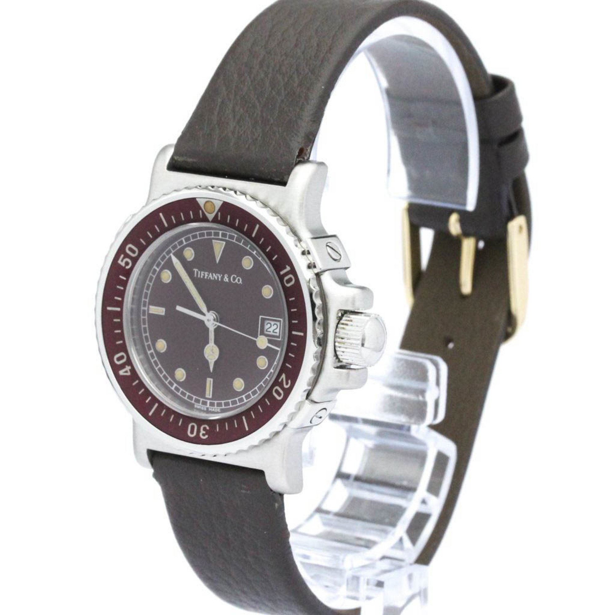 Polished TIFFANY Diver Steel leather Quartz Ladies Watch L0710 BF553093