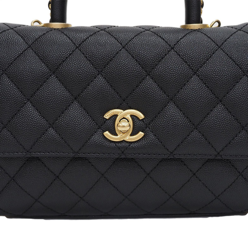 CHANEL Coco Handle Handbag Black A92990 Caviar Skin Women's