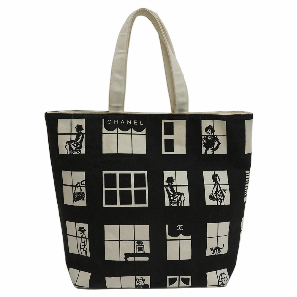 CHANEL Windows Line Canvas Tote Bag Black White Ladies