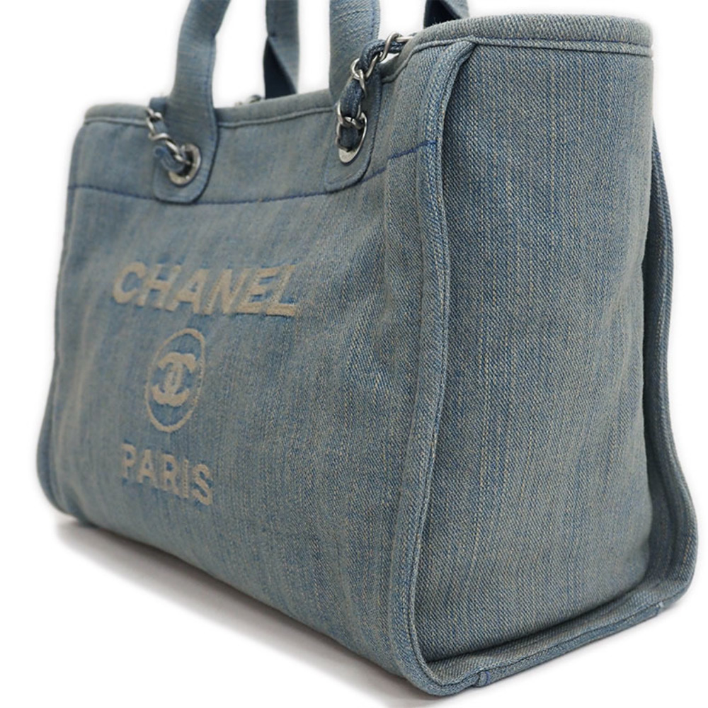 CHANEL Denim Shopping Bag Tote Light Blue Deauville Women's