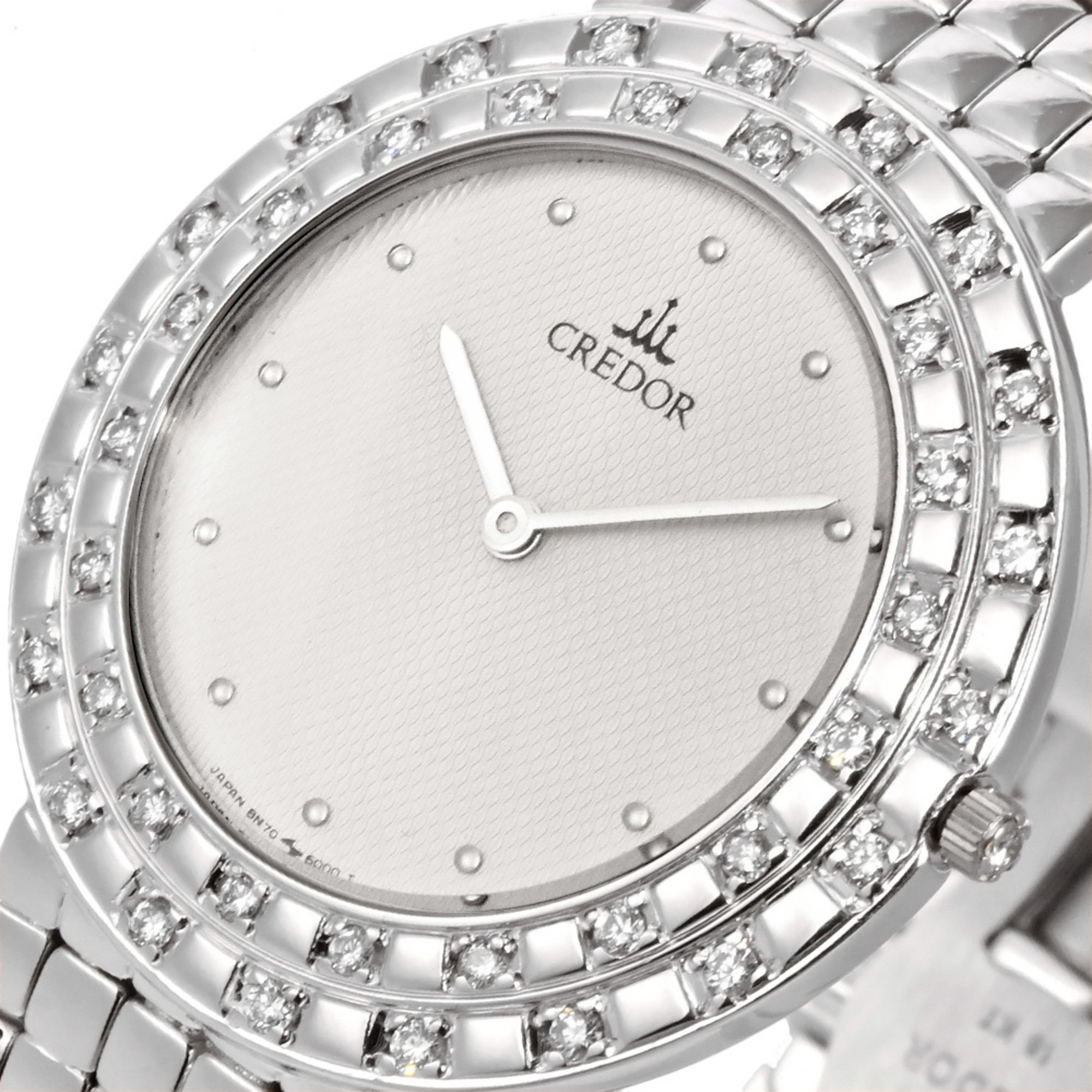 SEIKO Credor Round Diamond Bezel Solid Gold K18WG Ladies Watch Quartz White Dial 8N70-6000