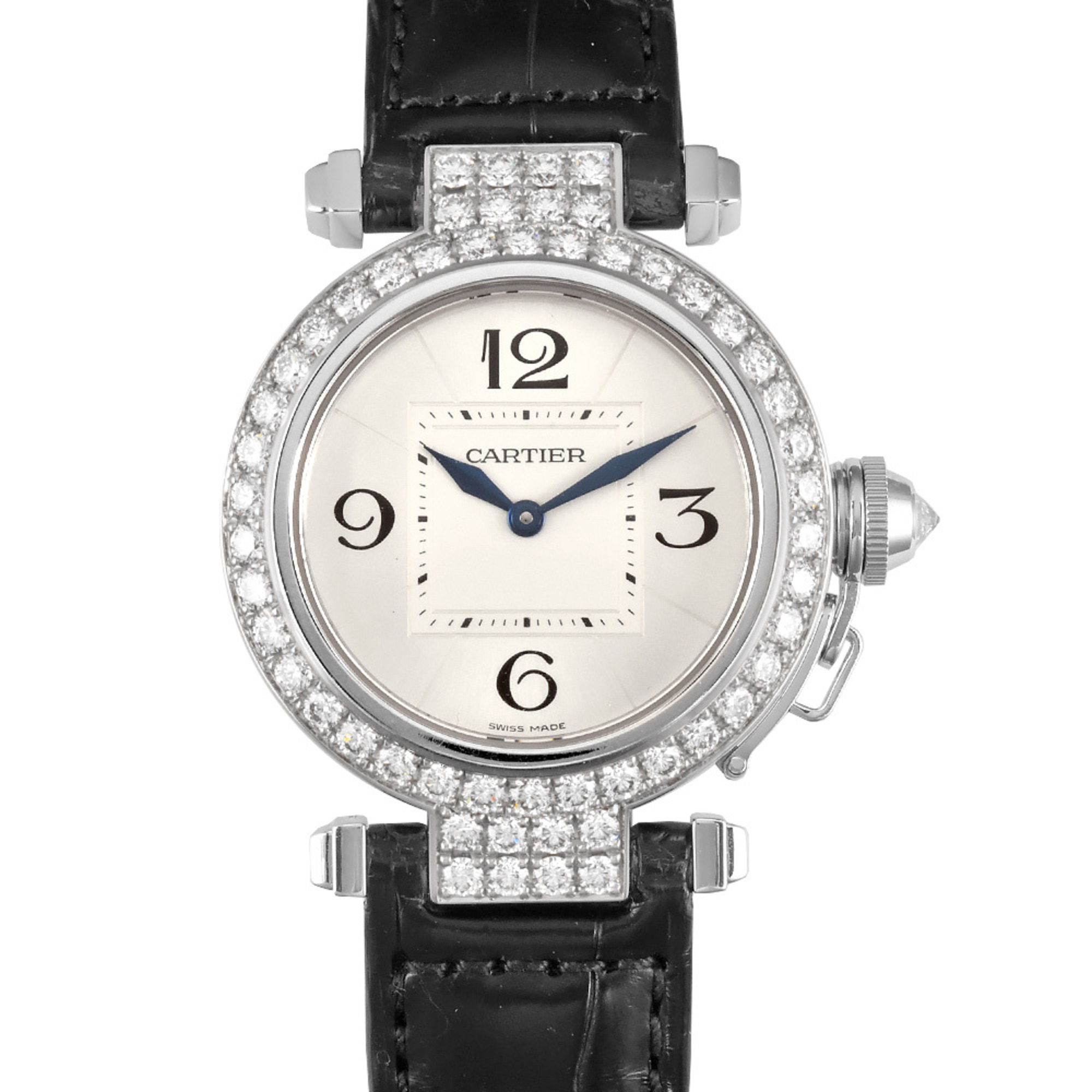 Cartier Pasha 32mm Diamond Bezel K18WG Ladies Watch Quartz Silver