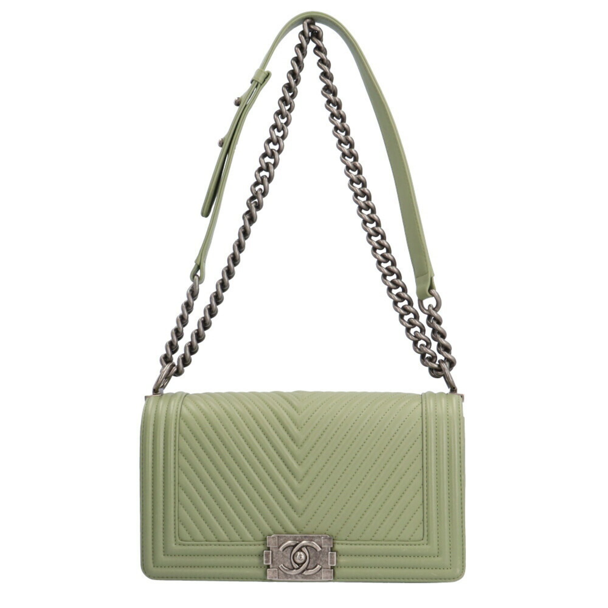 CHANEL Boy Chanel V Stitch Shoulder Bag Lambskin Green Women's