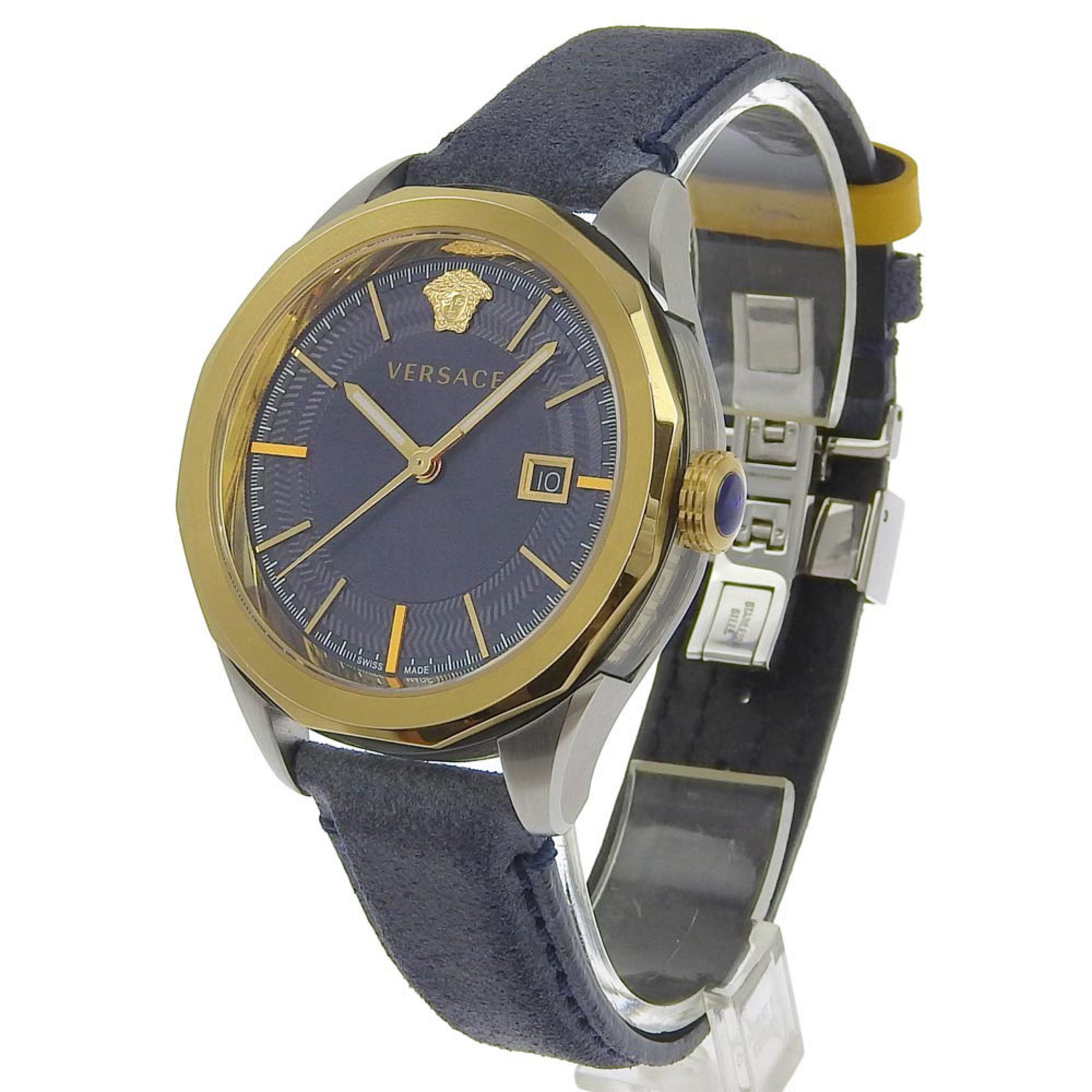 Versace VERA Watch WR5 Stainless Steel x Leather Gold Quartz Analog Display Men's Navy Dial