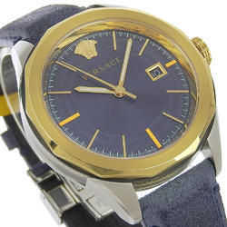 Versace VERA Watch WR5 Stainless Steel x Leather Gold Quartz Analog Display Men's Navy Dial