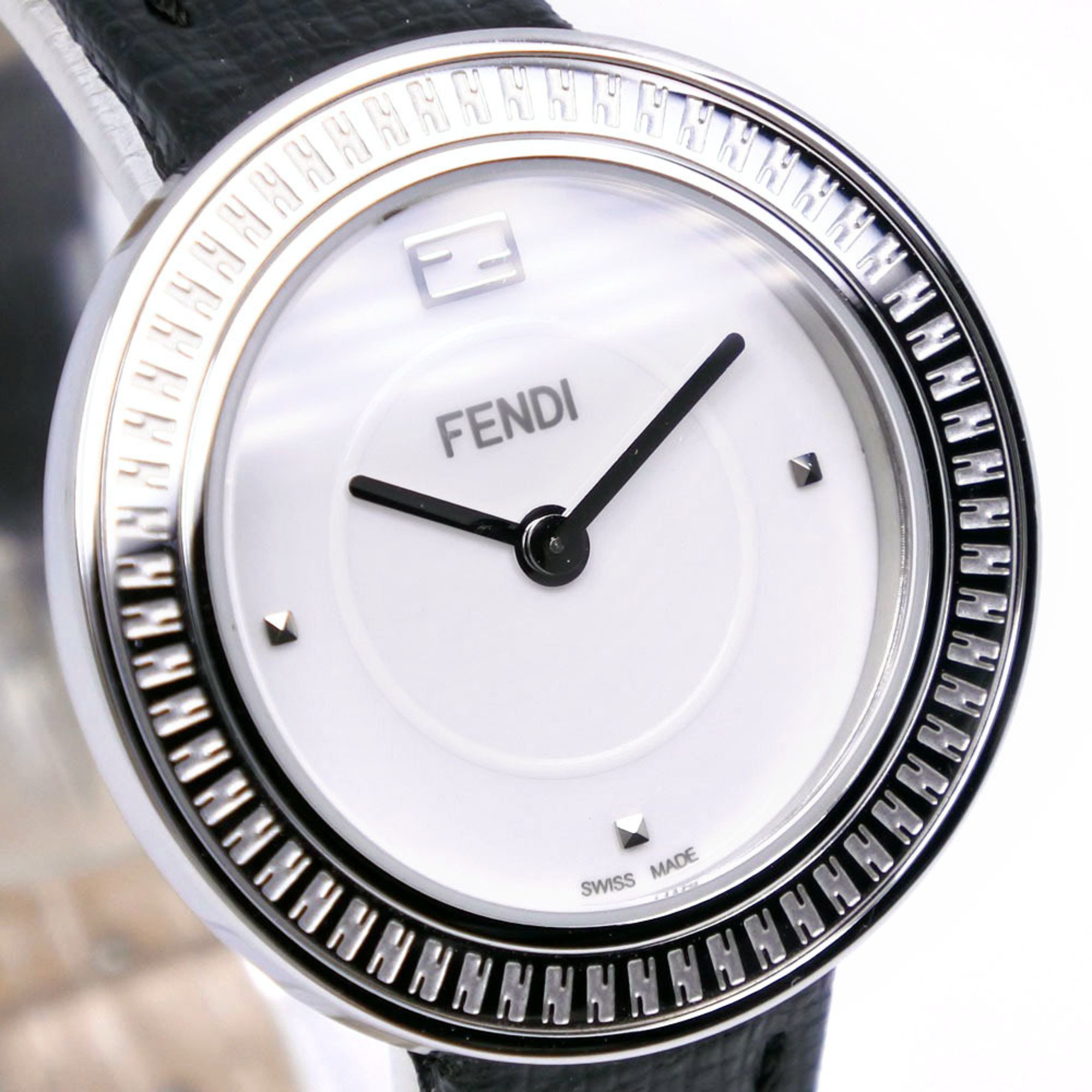Fendi My Way Watch 35000S Stainless Steel x Leather Black Quartz Analog Display Ladies White Dial