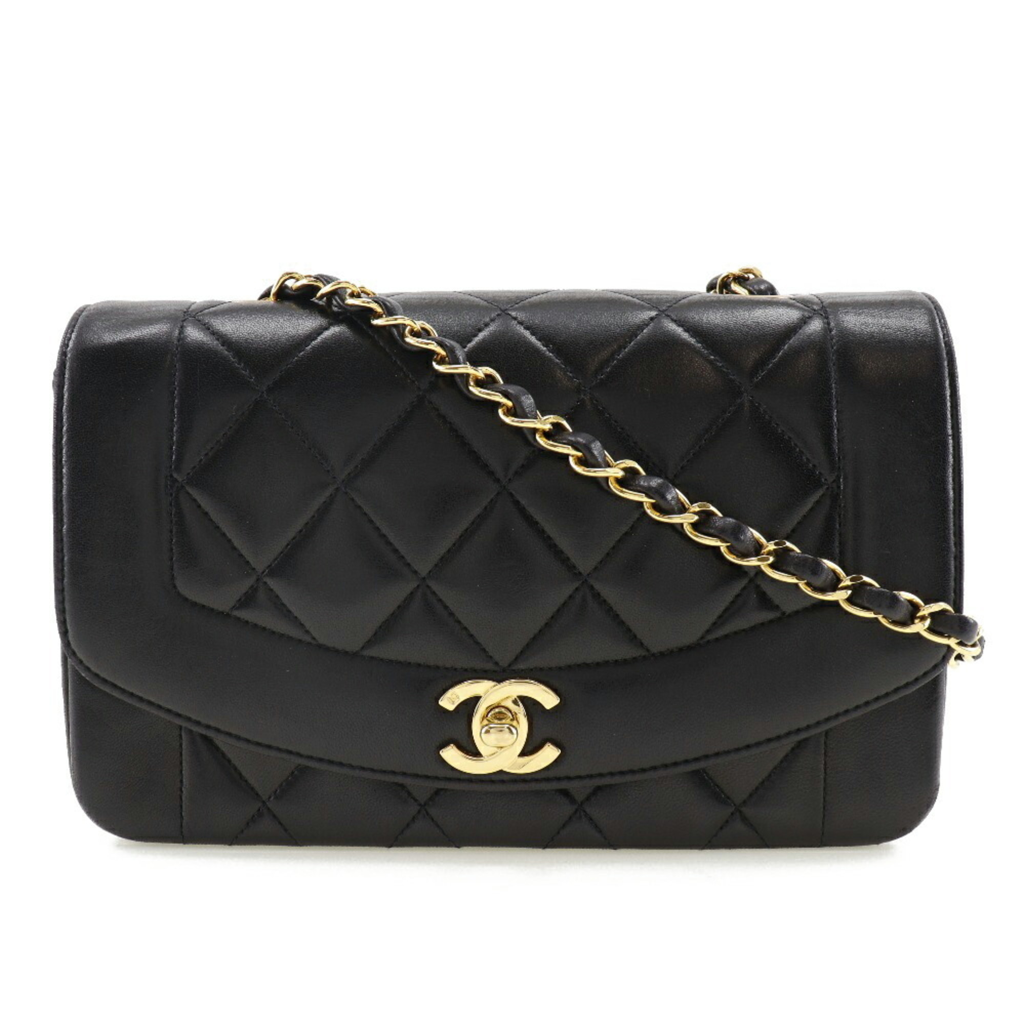 Chanel Chain Shoulder Bag Coco Mark Diana Matelasse Lambskin Black Ladies