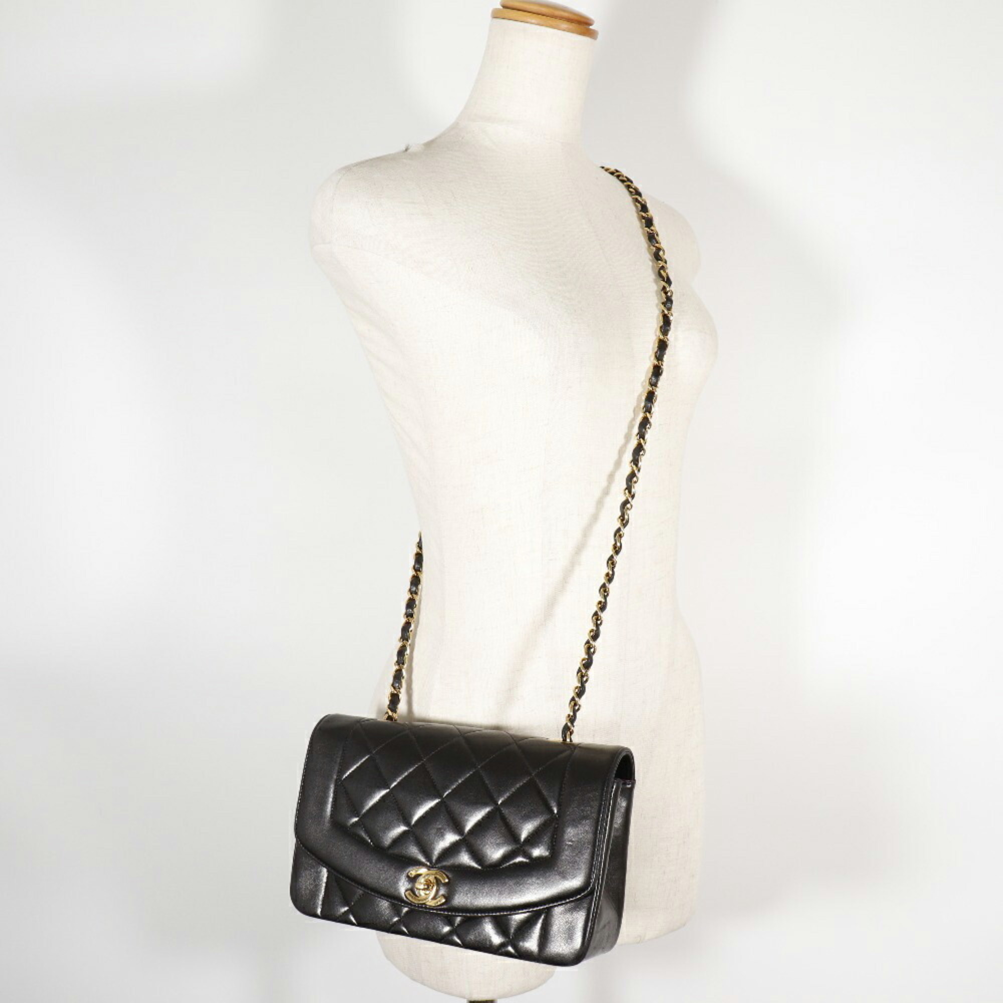 Chanel Chain Shoulder Bag Coco Mark Diana Matelasse Lambskin Black Ladies