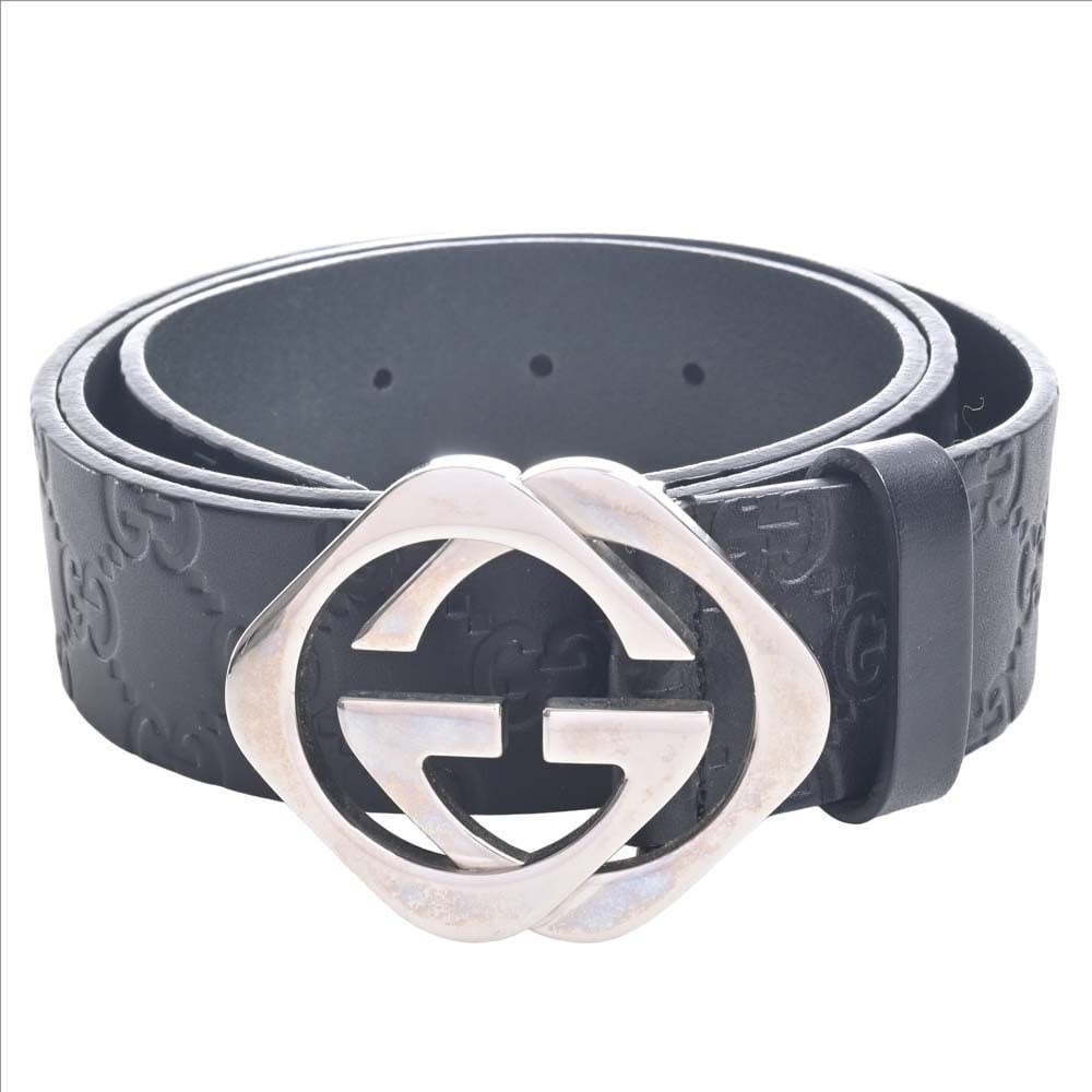 Belt with square buckle and Interlocking G in black leather