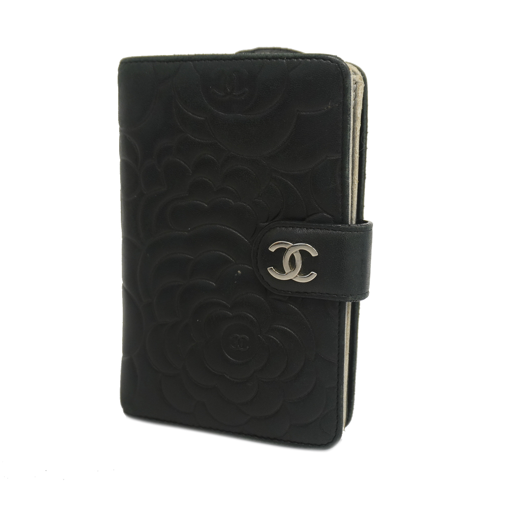 Auth Chanel Camellia Bi-fold Wallet With Silver Hardware Lambskin