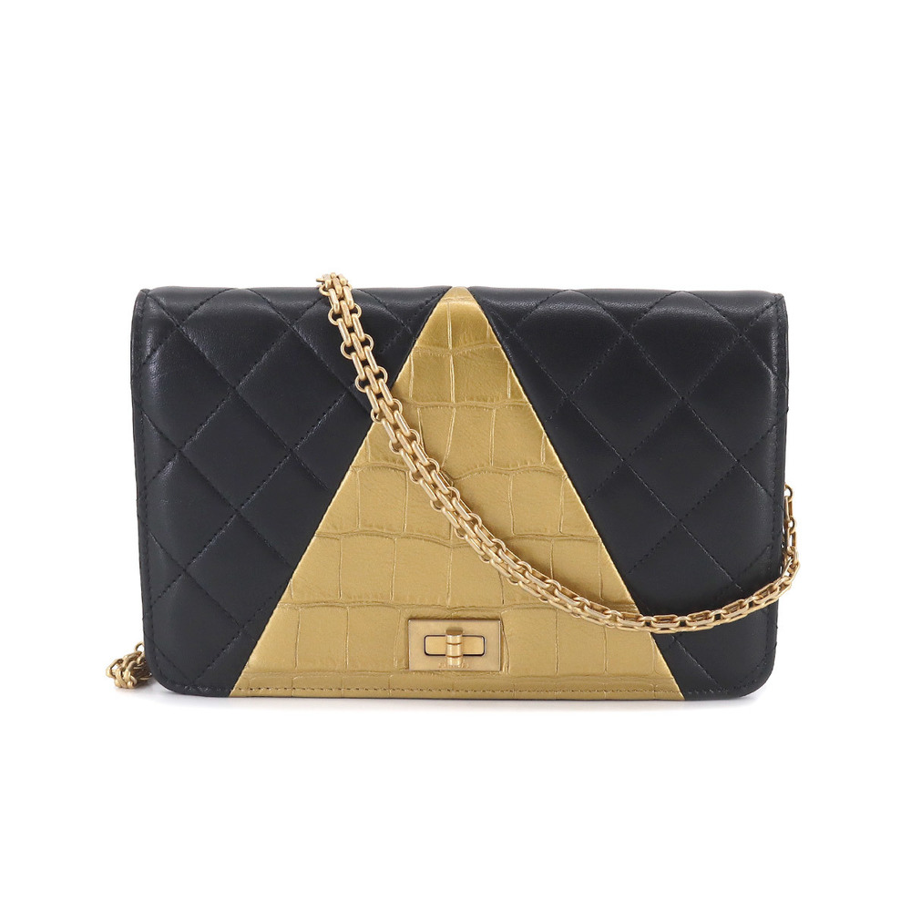 Chanel Matelasse Kiss Lock Chain Wallet Black AP2837 Shiny Calf Leather