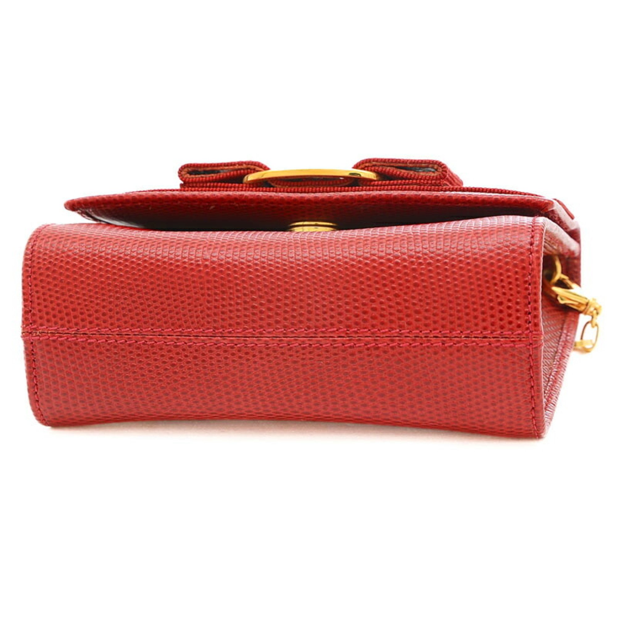 Salvatore Ferragamo Ferragamo Vara Ribbon Chain Shoulder Bag Embossed Leather Red AQ213202