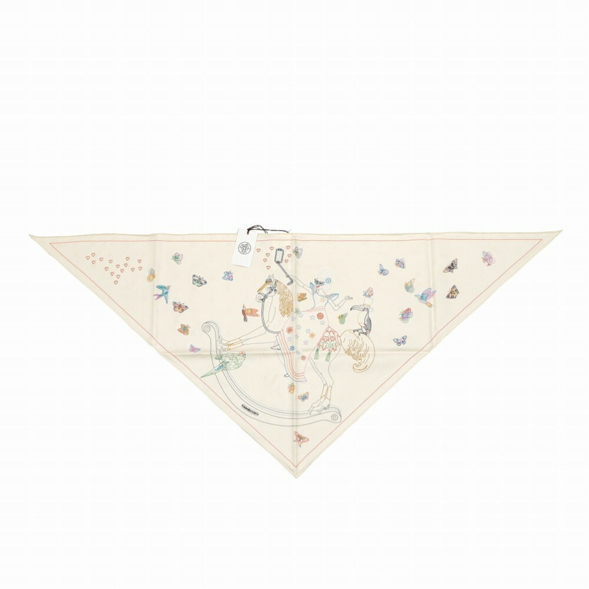 Hermes Story Triangle Scarf Muffler Embroidery Beads Carre Silk Ivory