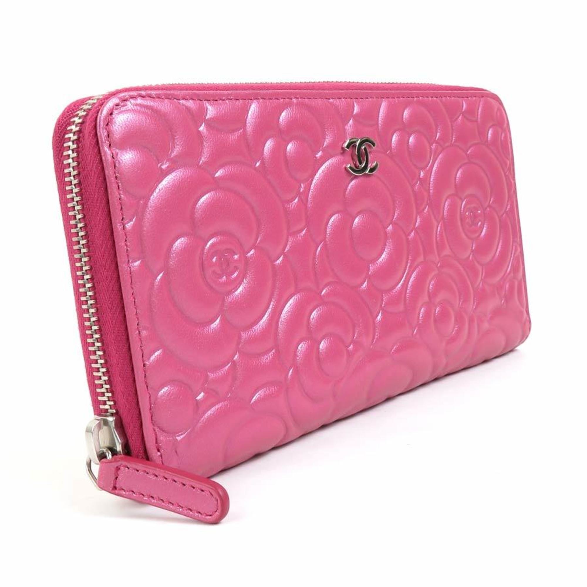 CHANEL Round Zipper Long Wallet Leather Pink Women's
