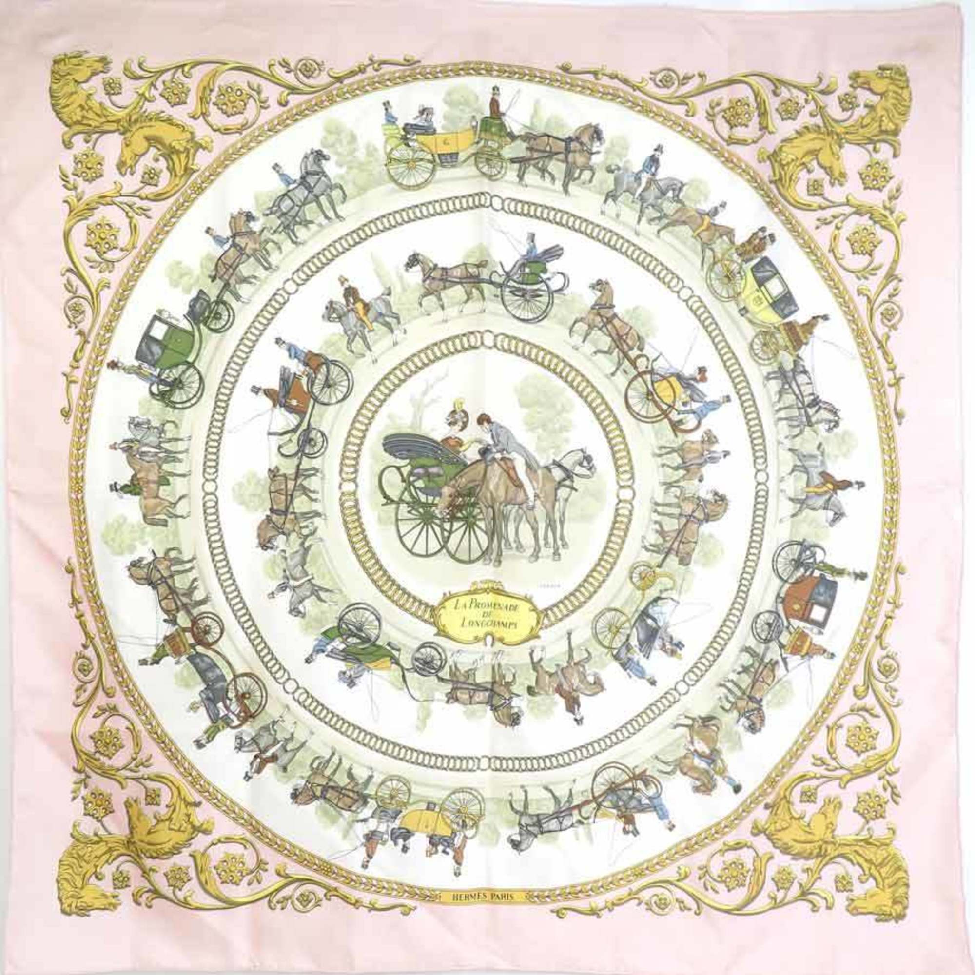 HERMES Scarf Carre 90 LA PROMENADE DE LONGCHAMPS Silk Light Pink x Multicolor Women's