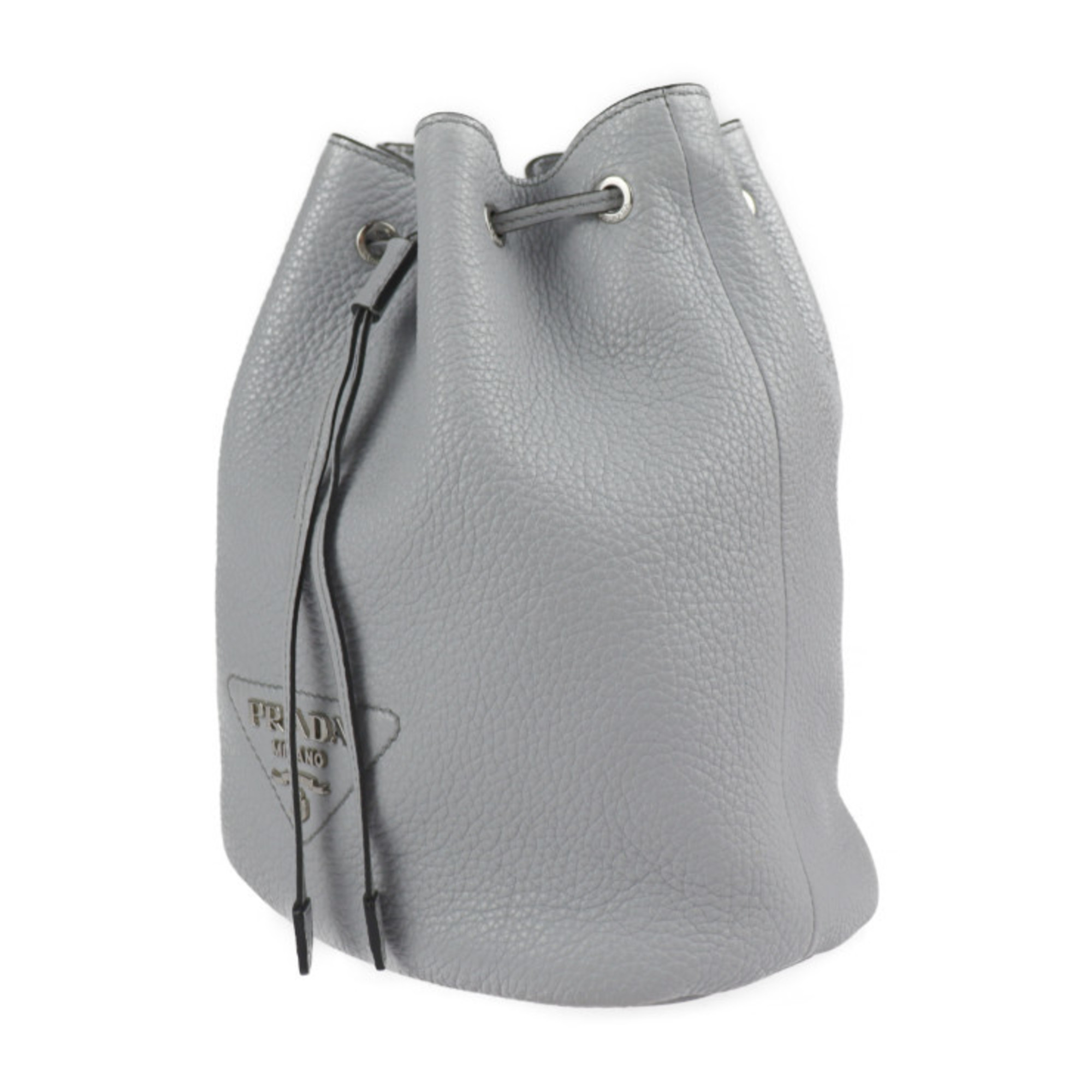 PRADA Shoulder Bag 1BE060 Leather Gray Silver Hardware Drawstring Triangle Logo Plate