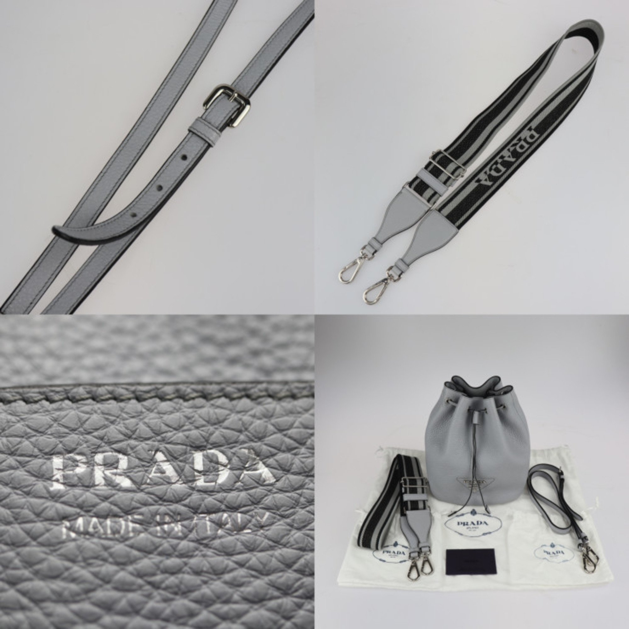 PRADA Shoulder Bag 1BE060 Leather Gray Silver Hardware Drawstring Triangle Logo Plate