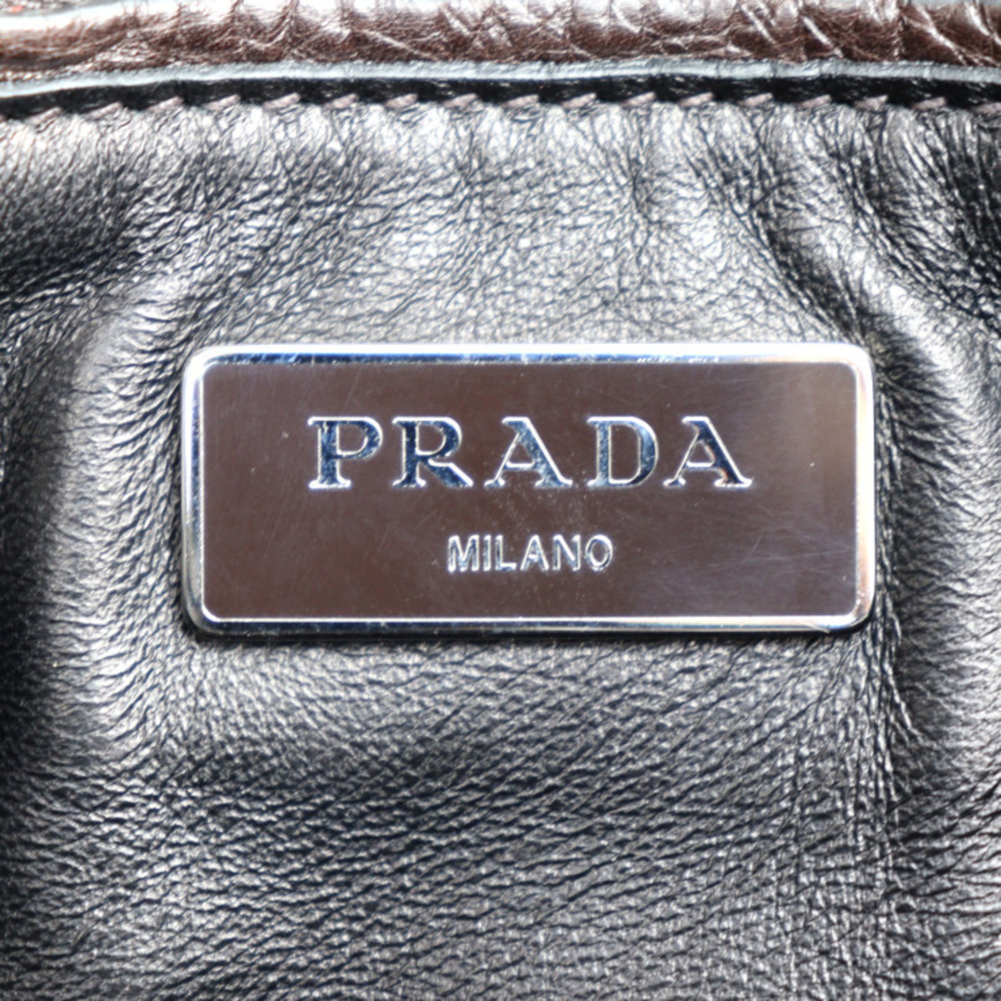 PRADA Handbag BN2625 Gray Scarf MORO Dark Brown Silver Metal Fittings 2WAY Shoulder Bag All Leather (The inside is also made of leather for a luxurious feel)