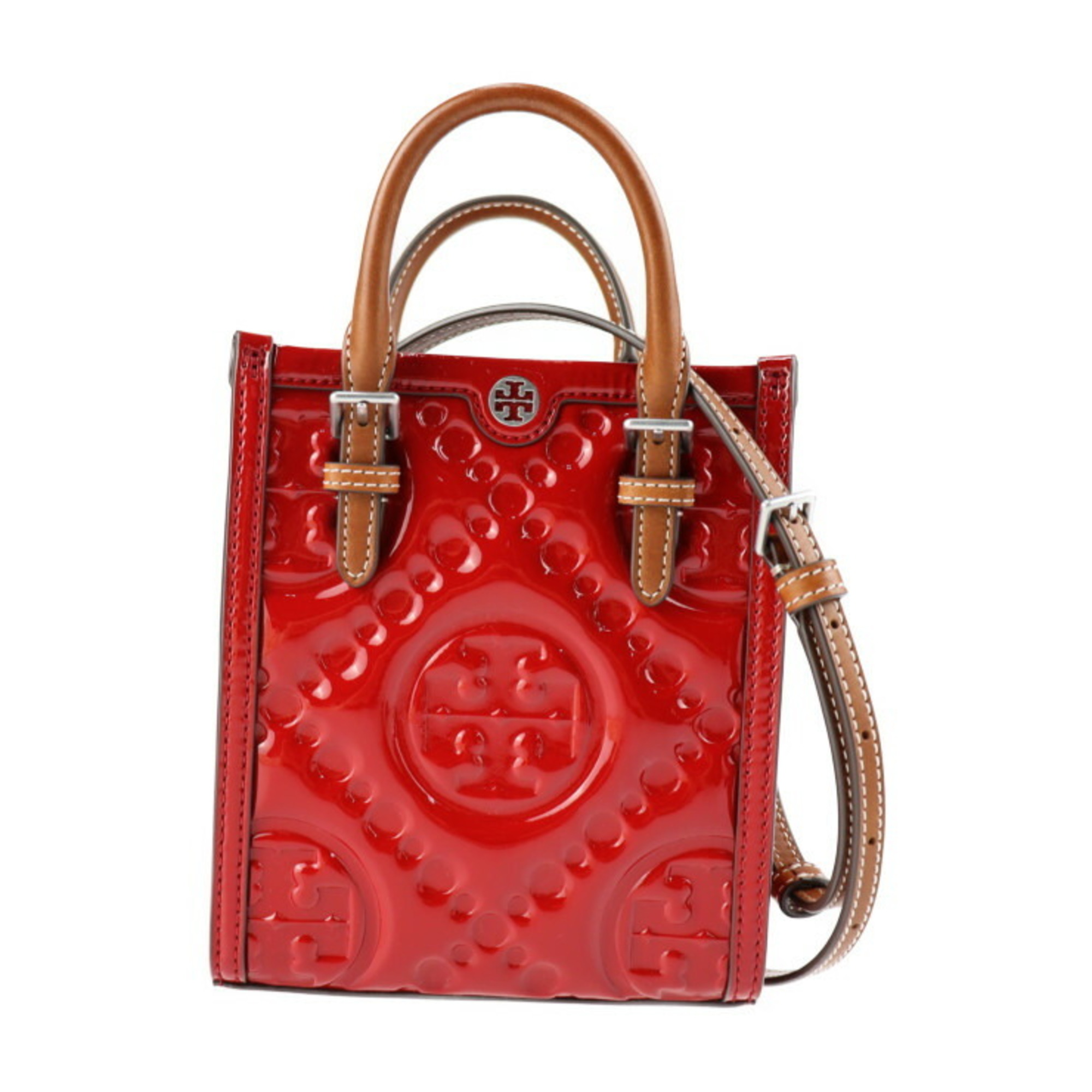 Tory Burch T Monogram Mini Puffy Tote Handbag Patent Leather Red Brown Silver Hardware 2WAY Shoulder Bag