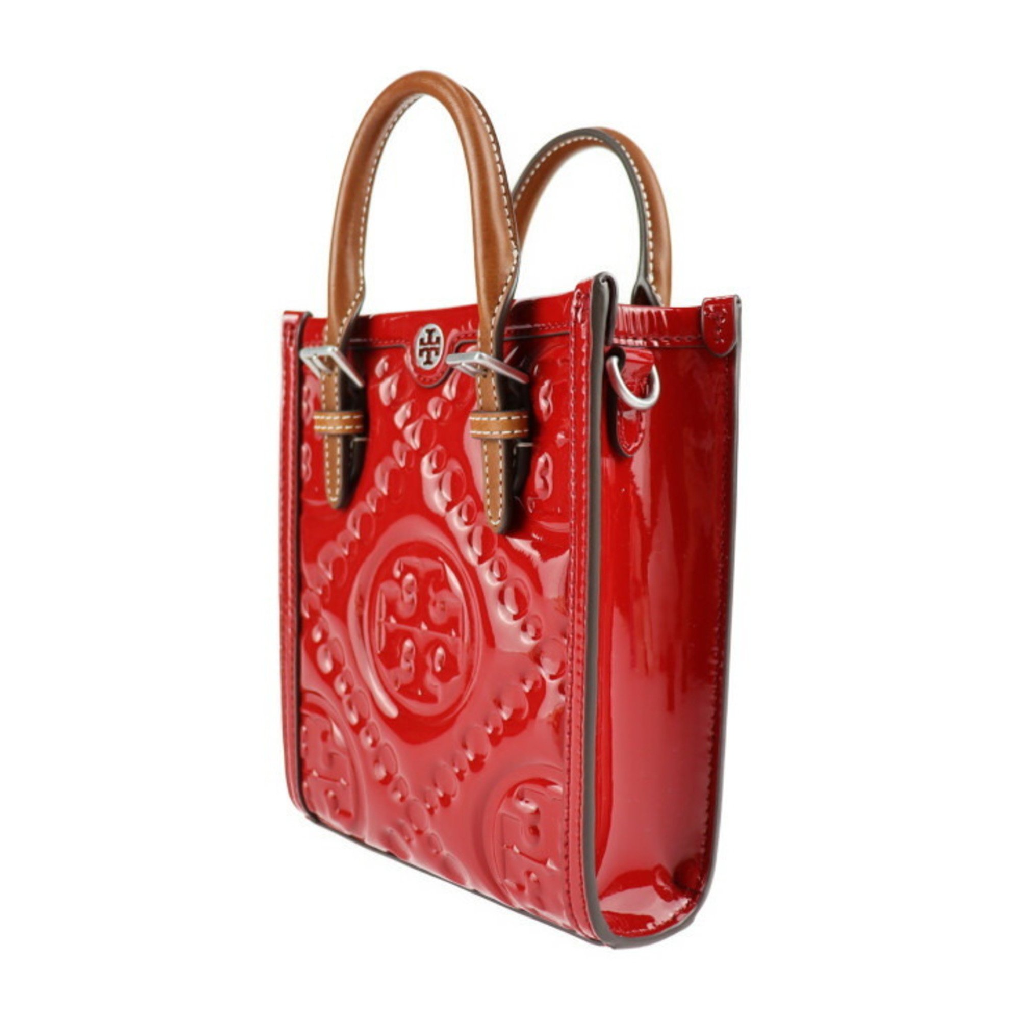 Tory Burch T Monogram Mini Puffy Tote Handbag Patent Leather Red Brown Silver Hardware 2WAY Shoulder Bag