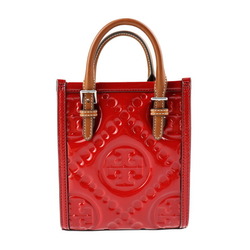 Tory Burch T Monogram Mini Puffy Tote Handbag Patent Leather Red Brown Silver Hardware 2WAY Shoulder Bag