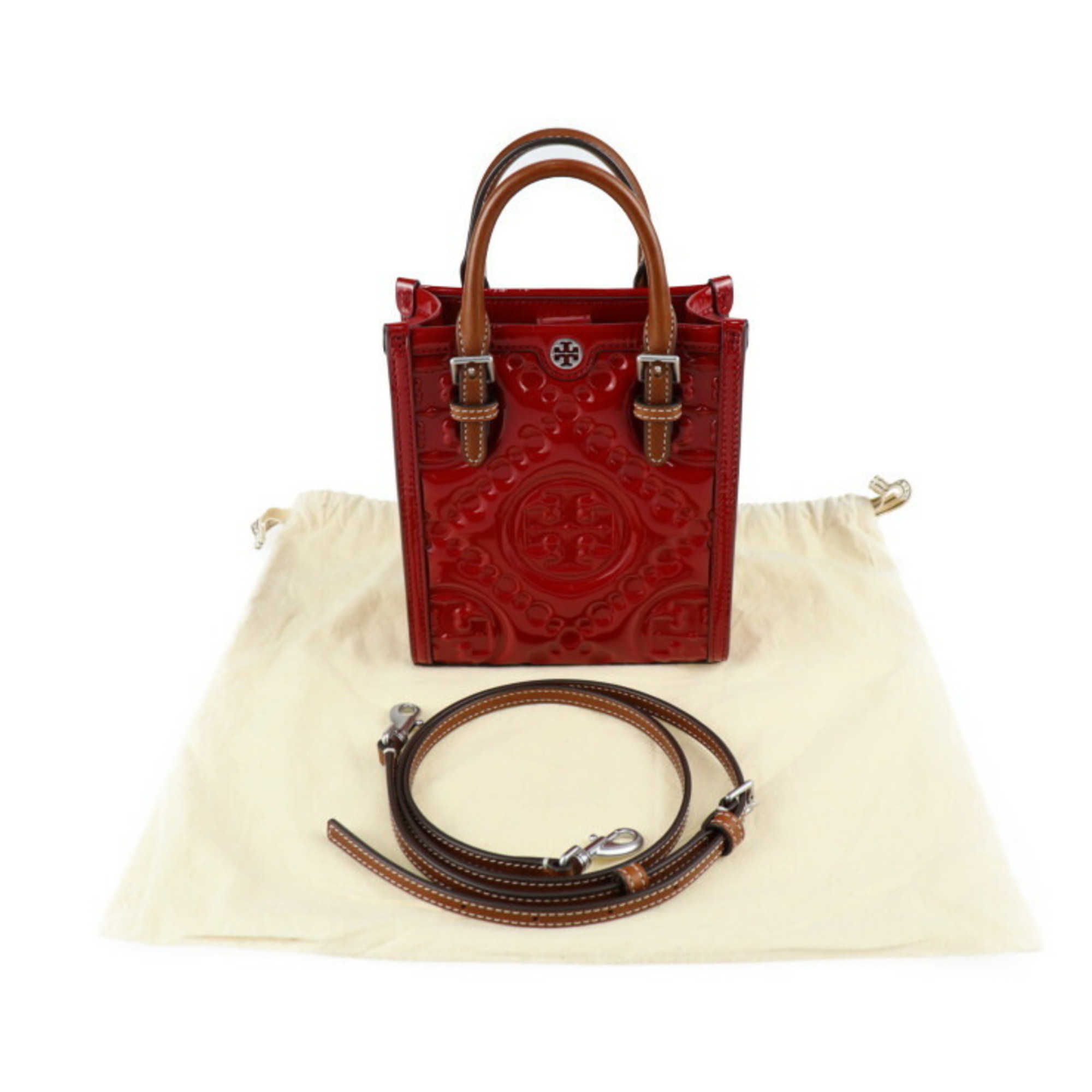Tory Burch T Monogram Mini Puffy Tote Handbag Patent Leather Red Brown Silver Hardware 2WAY Shoulder Bag