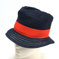 Hermes Hemp Straw Hat Ribbon Dark Navy Orange