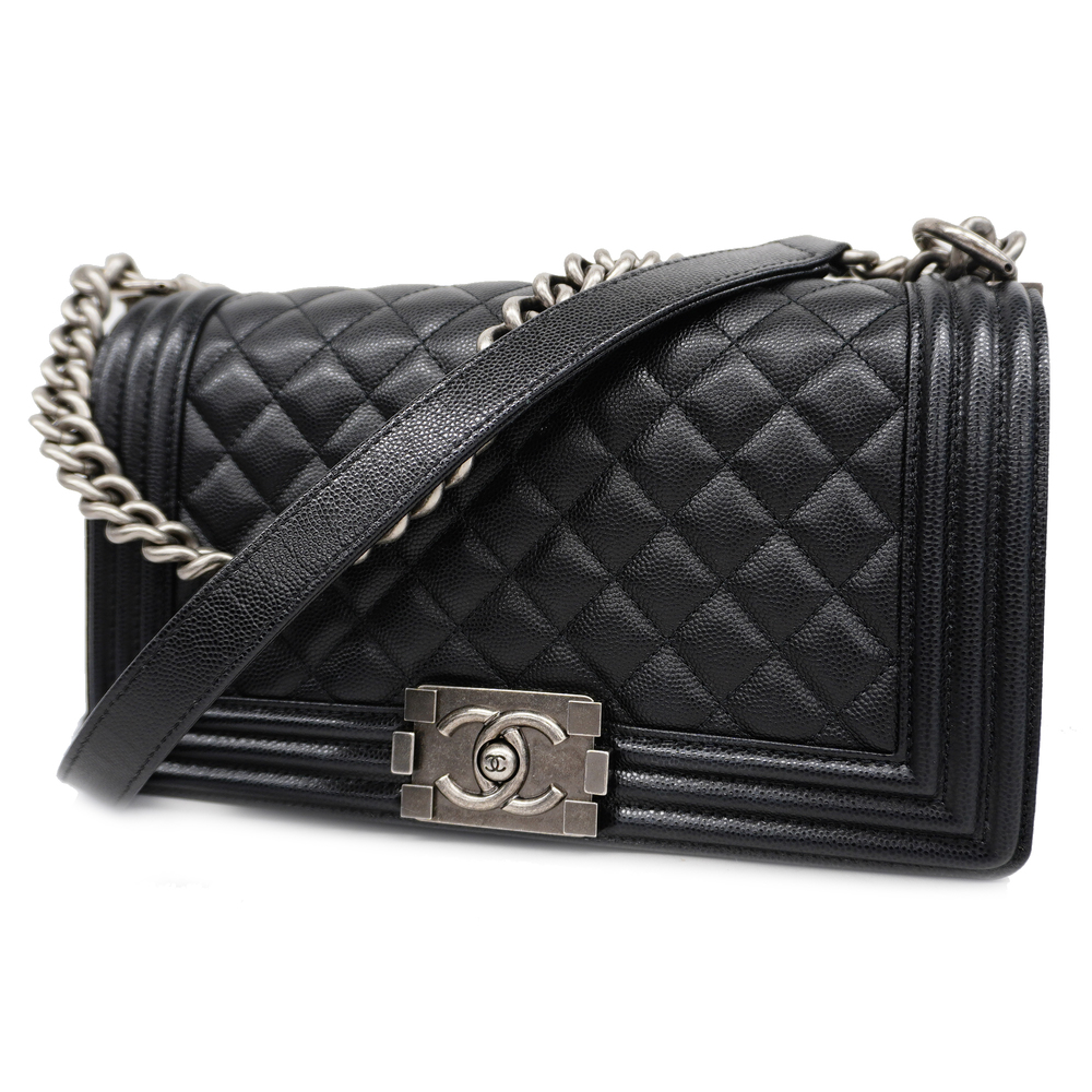 Auth Chanel Boy Chanel Chain Shoulder Women's Leather Shoulder Bag Black