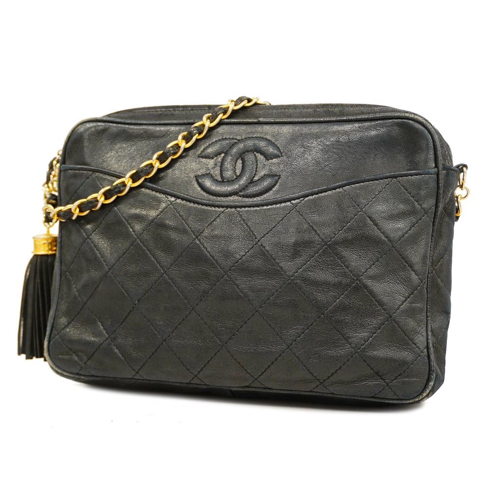 3bc2796]Auth Chanel Matelasse Fringed Chain Shoulder Women's Leather  Shoulder Bag Black