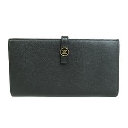 CHANEL Bifold Long Wallet Coco Button Leather Black