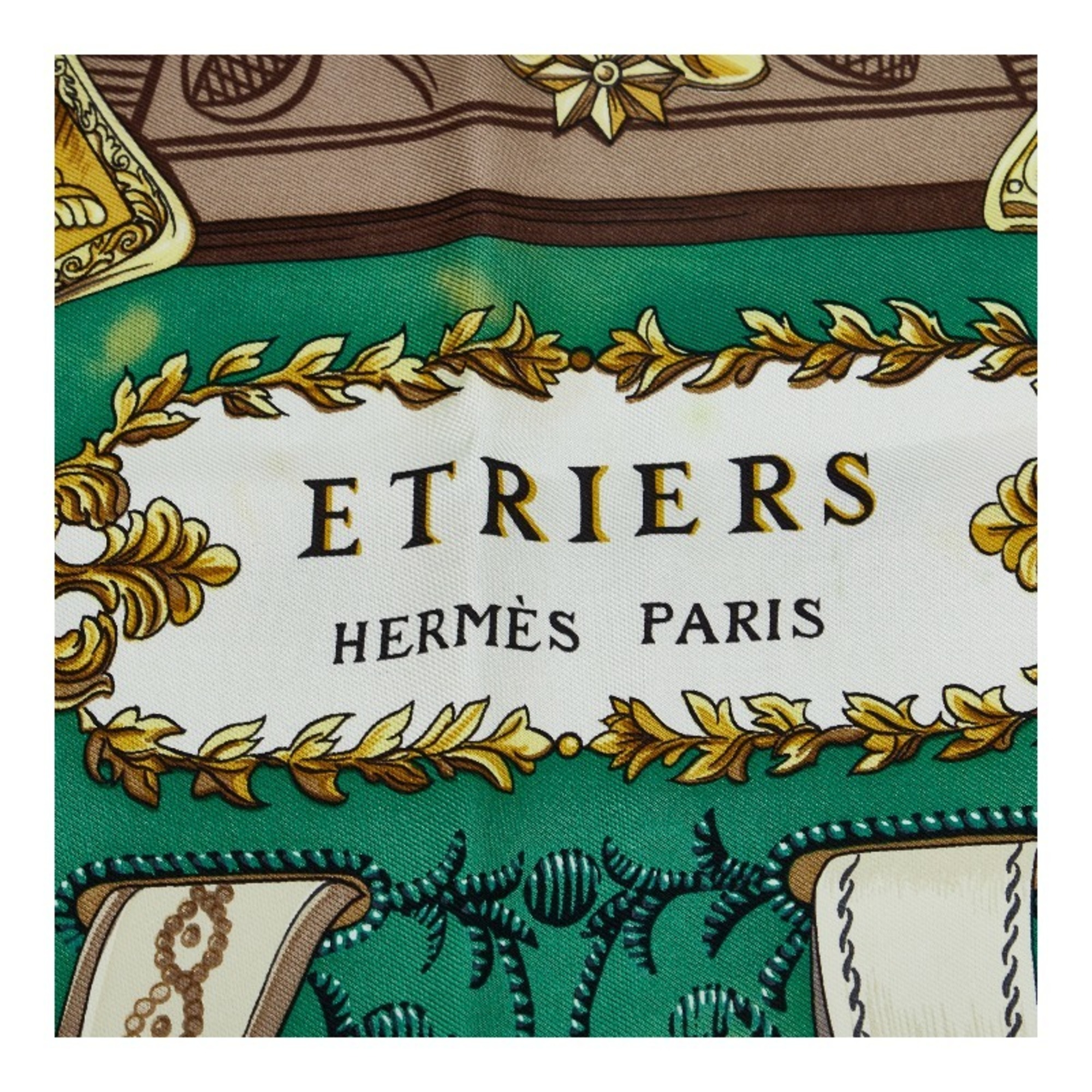 Hermes Carre 90 ETRIERS Stirrup Pattern Horse Tack Scarf Muffler Green Multicolor Silk Ladies HERMES