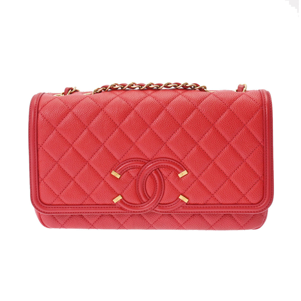 CHANEL CC Filigree Chain Shoulder Red A93341 Women's Caviar Skin Bag