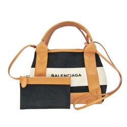 Balenciaga Navy Cabas XS 390346 Women's Canvas,Leather Handbag,Shoulder Bag Black,Light Brown,Off-white