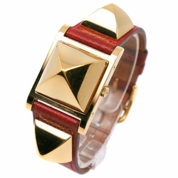 Hermes Medor Watch Gold Plated x Leather Swiss Made 1994 Red Quartz Analog Display White Dial Ladies
