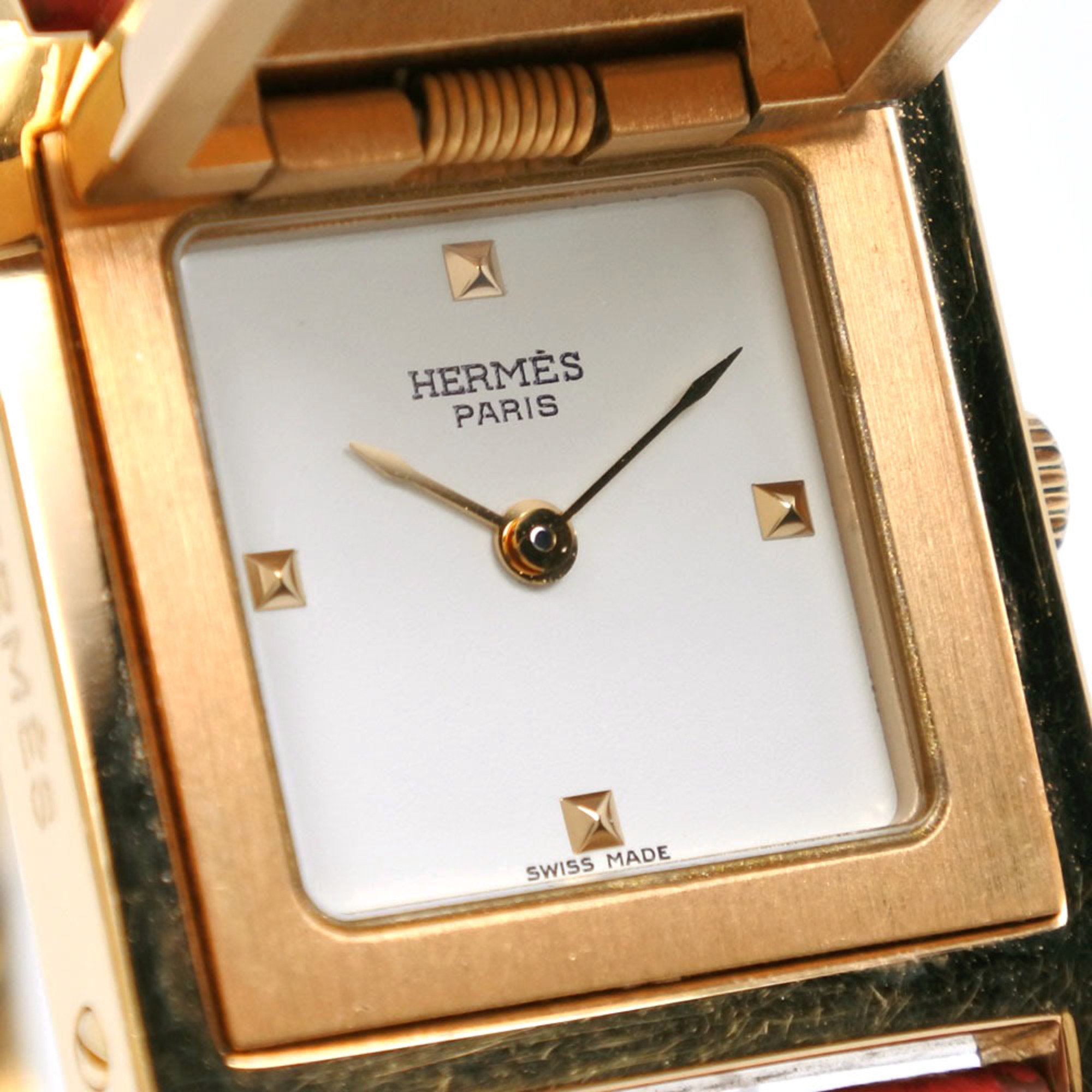 Hermes Medor Watch Gold Plated x Leather Swiss Made 1994 Red Quartz Analog Display White Dial Ladies
