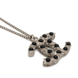 CHANEL Cocomark Necklace Pendant Metal Rhinestone Black Stone Silver 08C