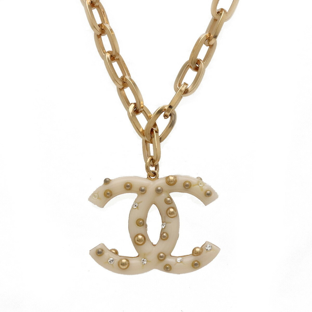 CHANEL Coco Mark Chain Necklace Pendant GP Plastic Studs