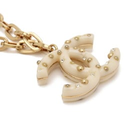 CHANEL Coco Mark Chain Necklace Pendant GP Plastic Studs Rhinestone Ivory Gold 06A