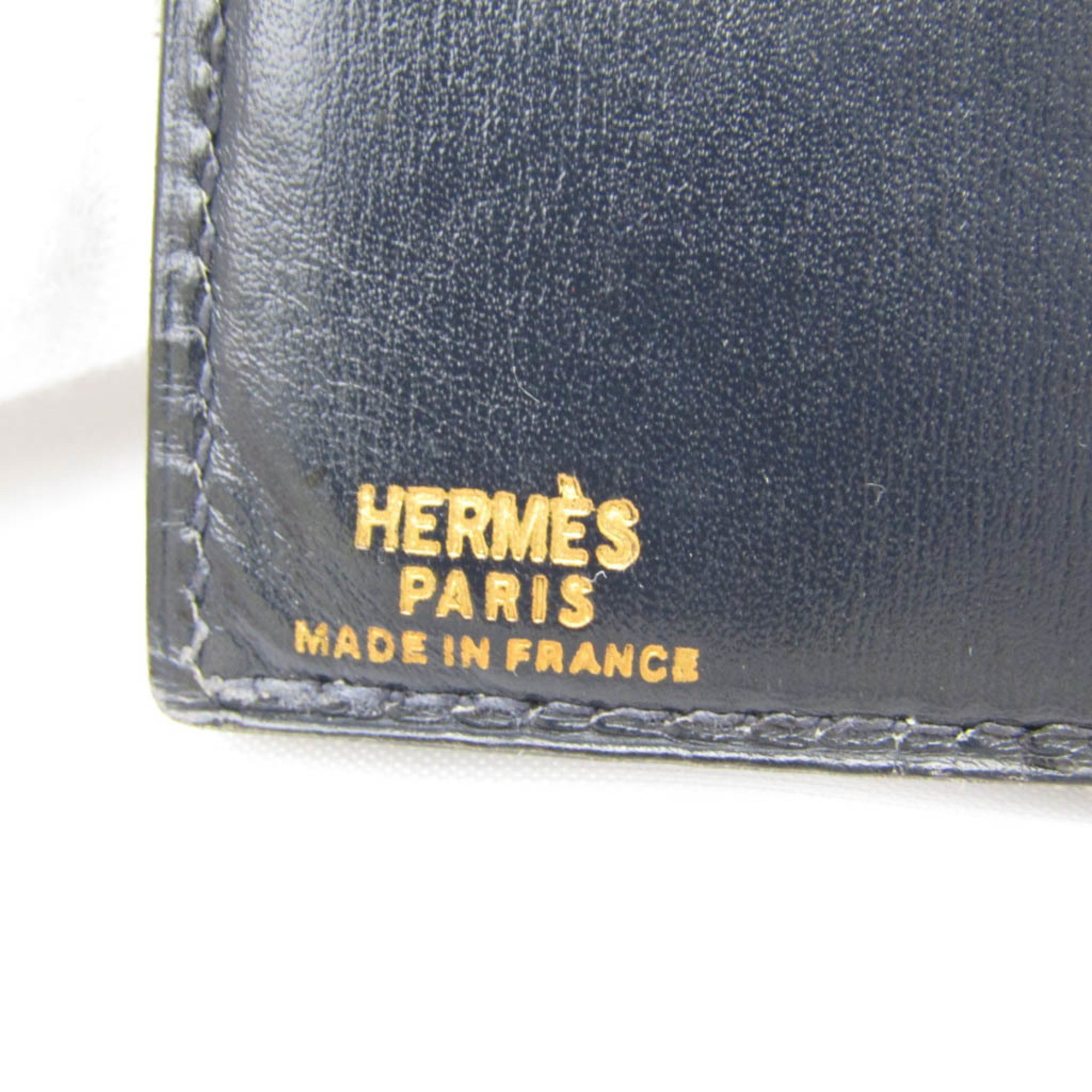 Hermes Men,Women Leather Long Bill Wallet (bi-fold) Navy Black