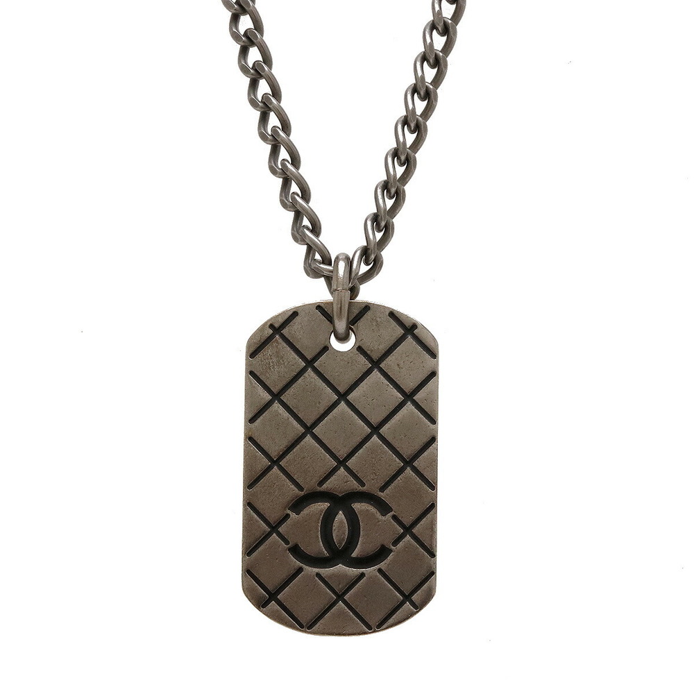 CHANEL Chanel Matelasse Coco Mark Plate Dog Tag Chain Necklace Pendant  Metal Gunmetal 05P