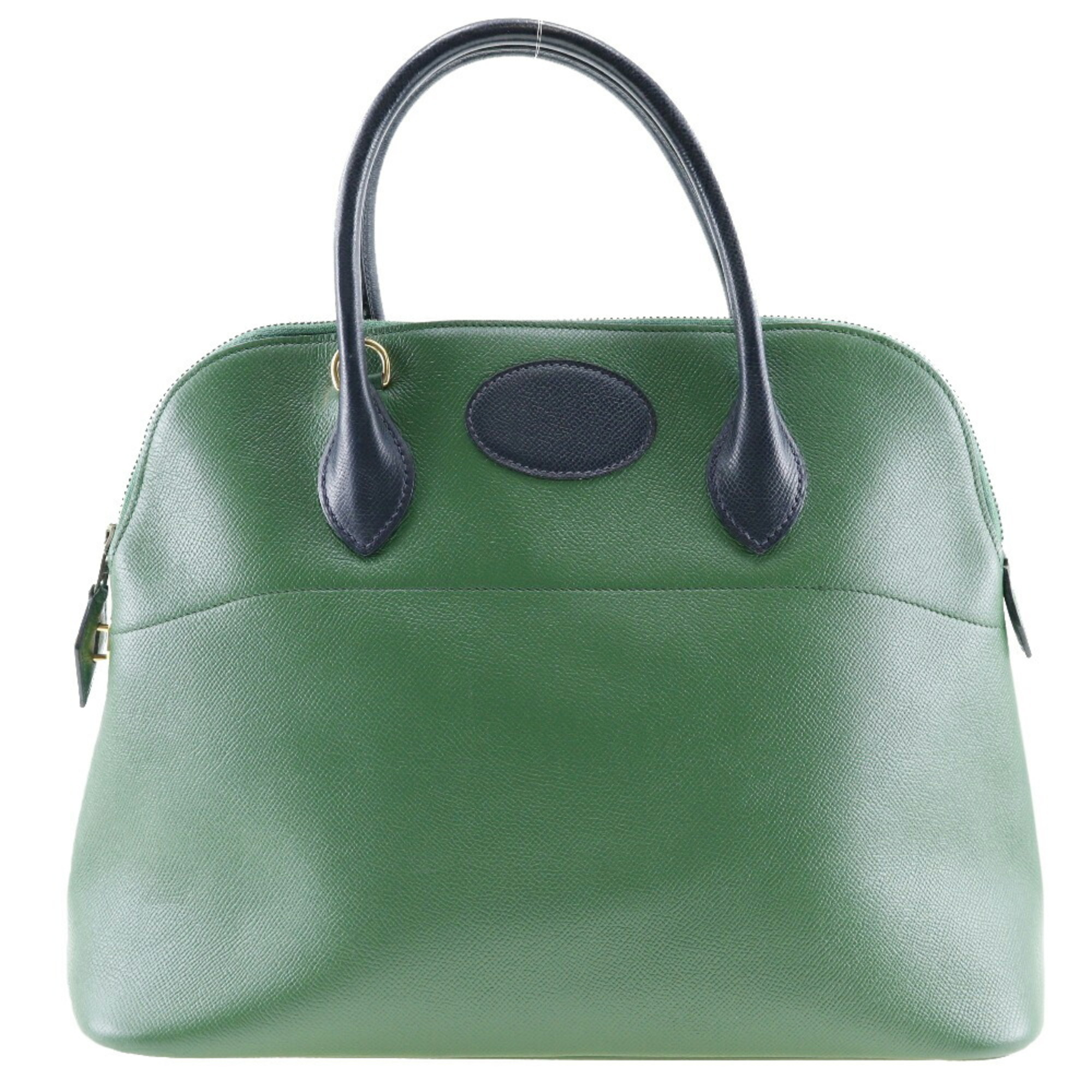 HERMES Bolide 35 Handbag Bicolor Couchevel Made in France 1992 Green/Navy 〇V Shoulder Bag 2way Zipper Bolide35 Ladies