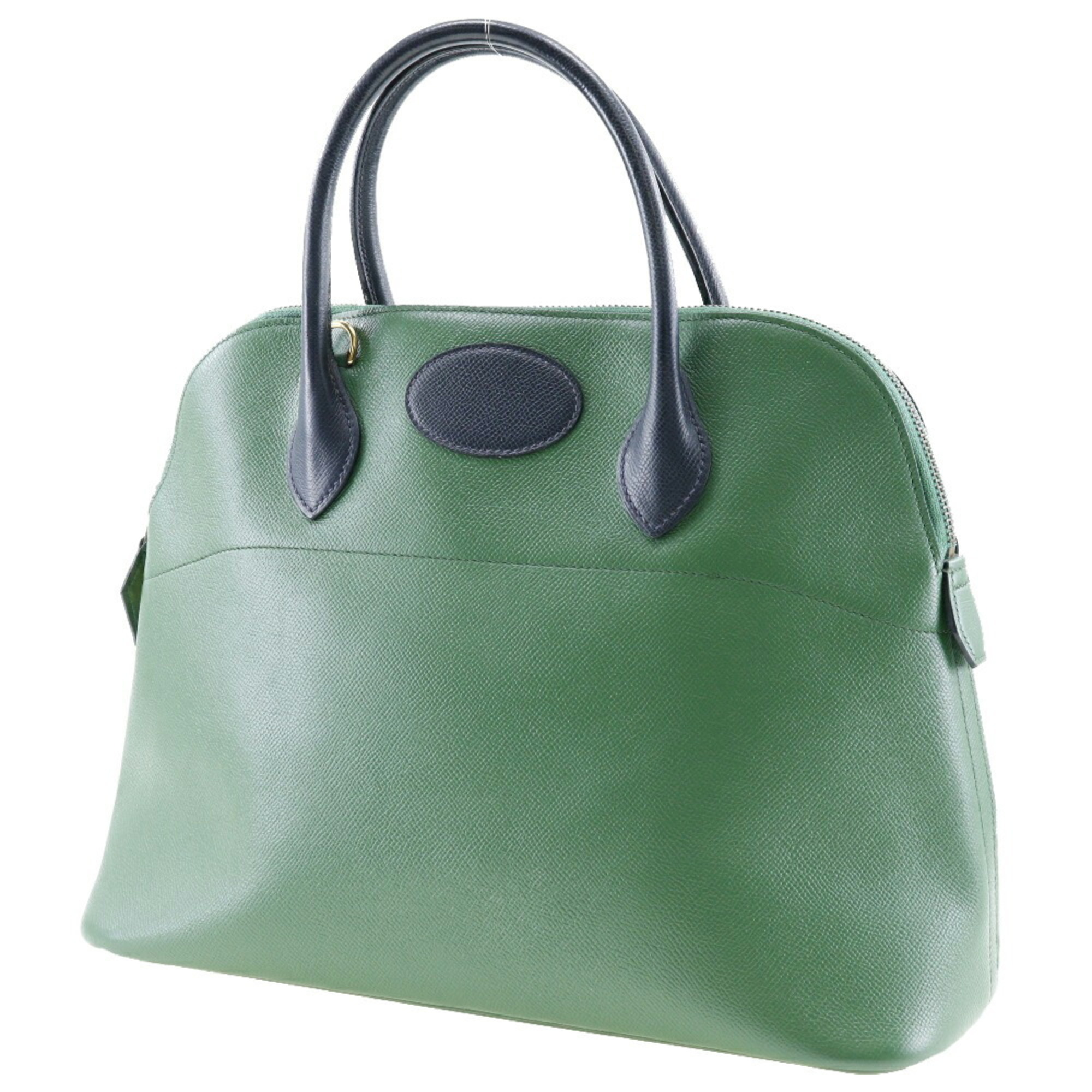 HERMES Bolide 35 Handbag Bicolor Couchevel Made in France 1992 Green/Navy 〇V Shoulder Bag 2way Zipper Bolide35 Ladies