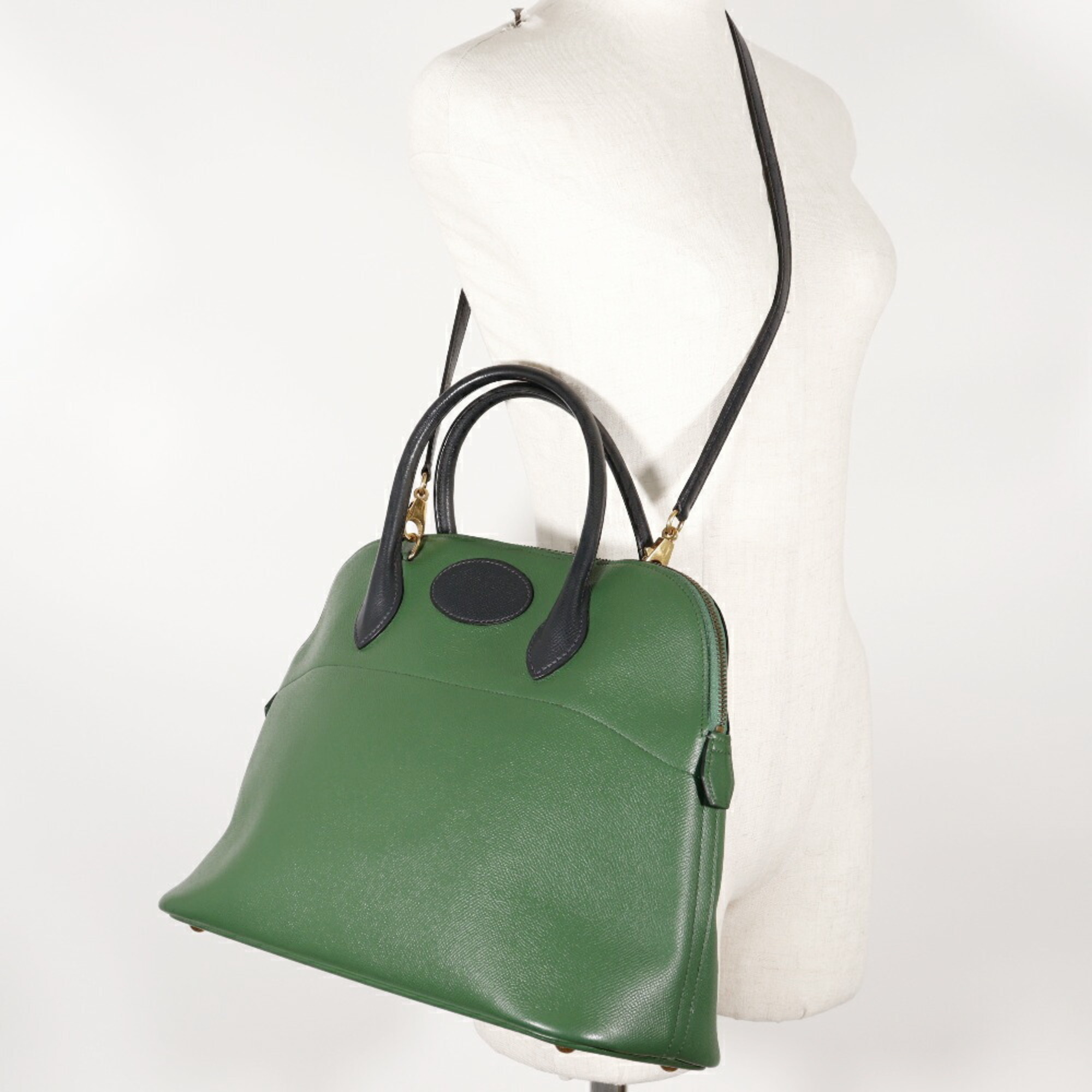 HERMES Bolide 35 Handbag Bicolor Couchevel Made in France 1992 Green/Navy 〇V Shoulder Bag 2way Zipper Bolide35 Ladies