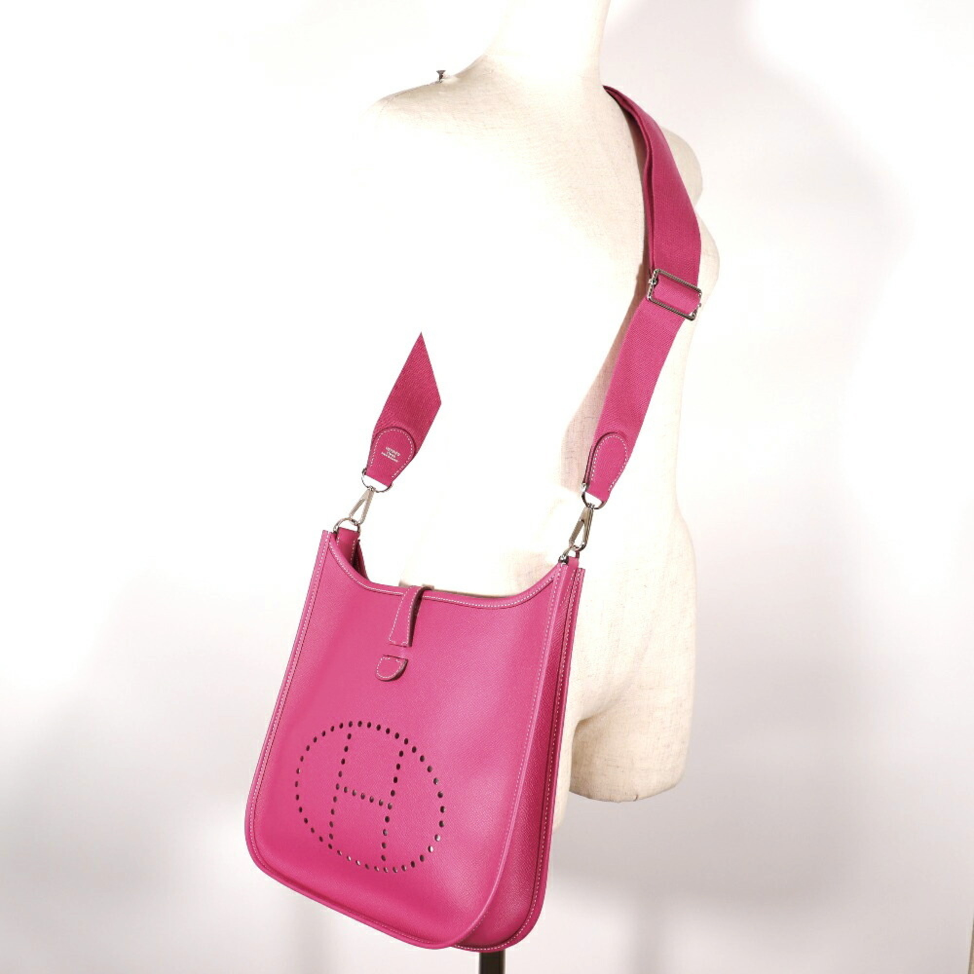 HERMES Evelyn 3PM Shoulder Bag Vaux Epson Rose Tyrian Made in France 2014 Pink/Silver Hardware □R Crossbody Snap Button Ladies