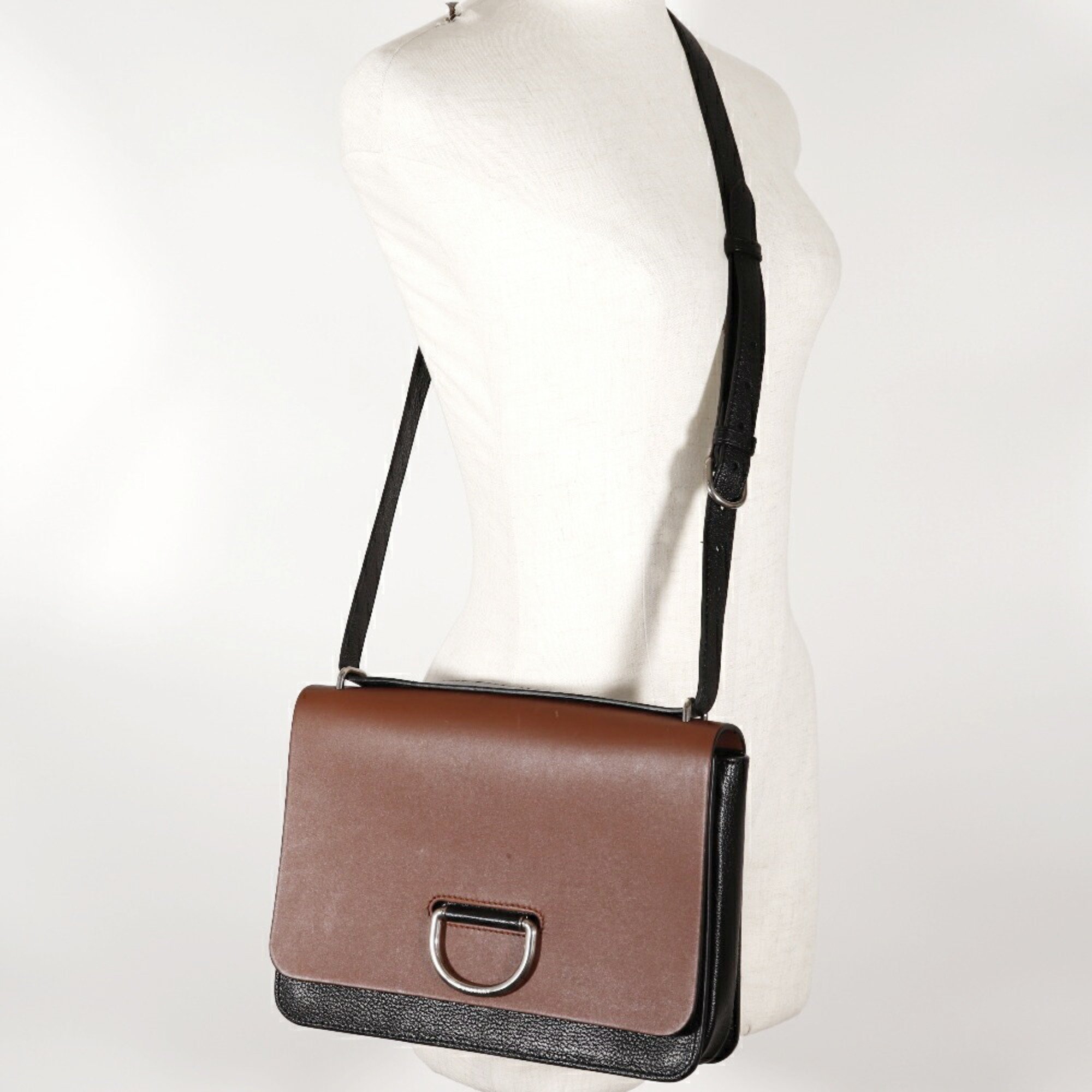 BURBERRY D ring shoulder bag bicolor calf made in Italy brown/black crossbody A5 flap ladies