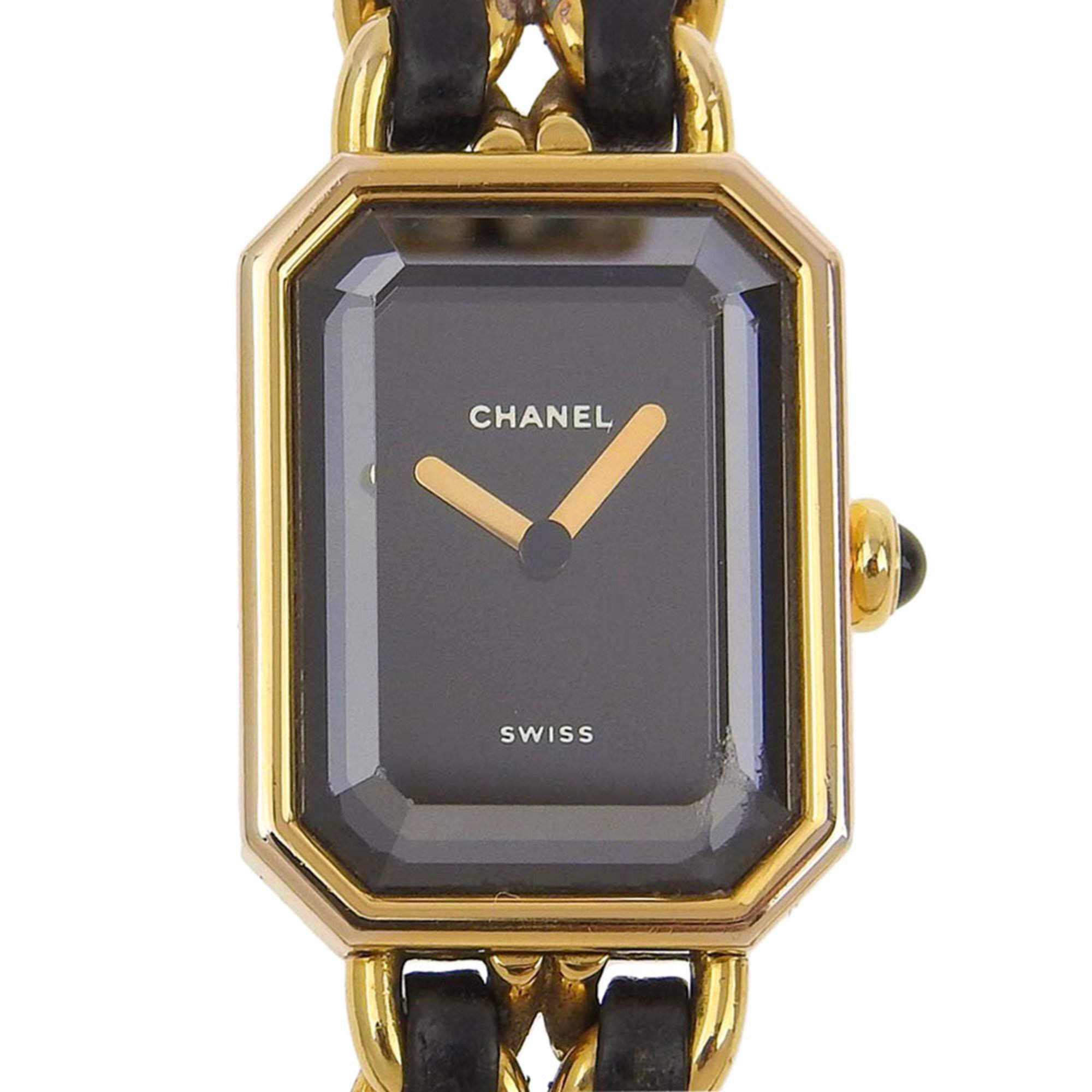 CHANEL Premiere L Watch H0001 Gold Plated x Leather Swiss Made Black Quartz Analog Display Dial Ladies