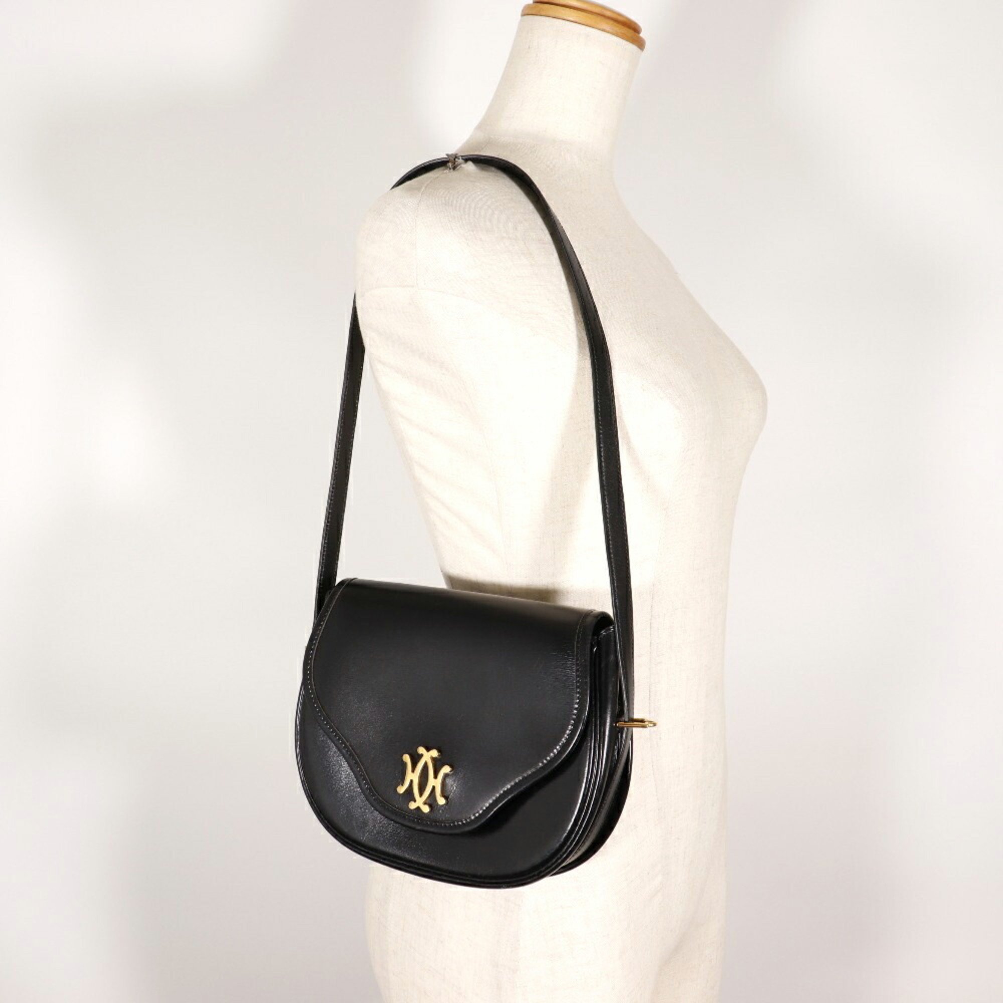 Hermes HERMES Double H Shoulder Bag Vintage Calf Made in France 1983 Black/Gold Hardware 〇M Crossbody Snap Button Ladies