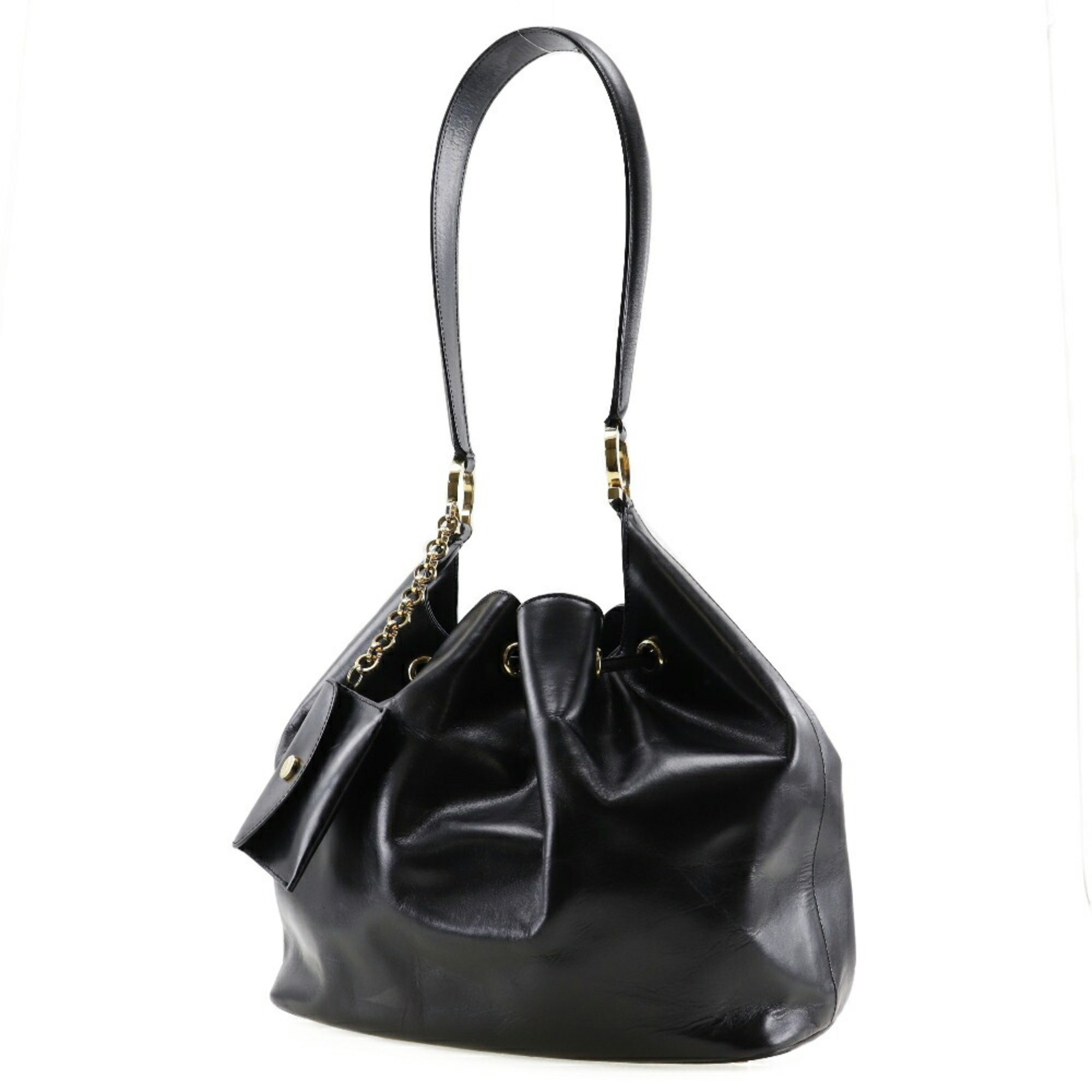 Salvatore Ferragamo One Shoulder Bag Gancini 21-7658 Leather Made in Italy Black Drawstring Belt Ladies